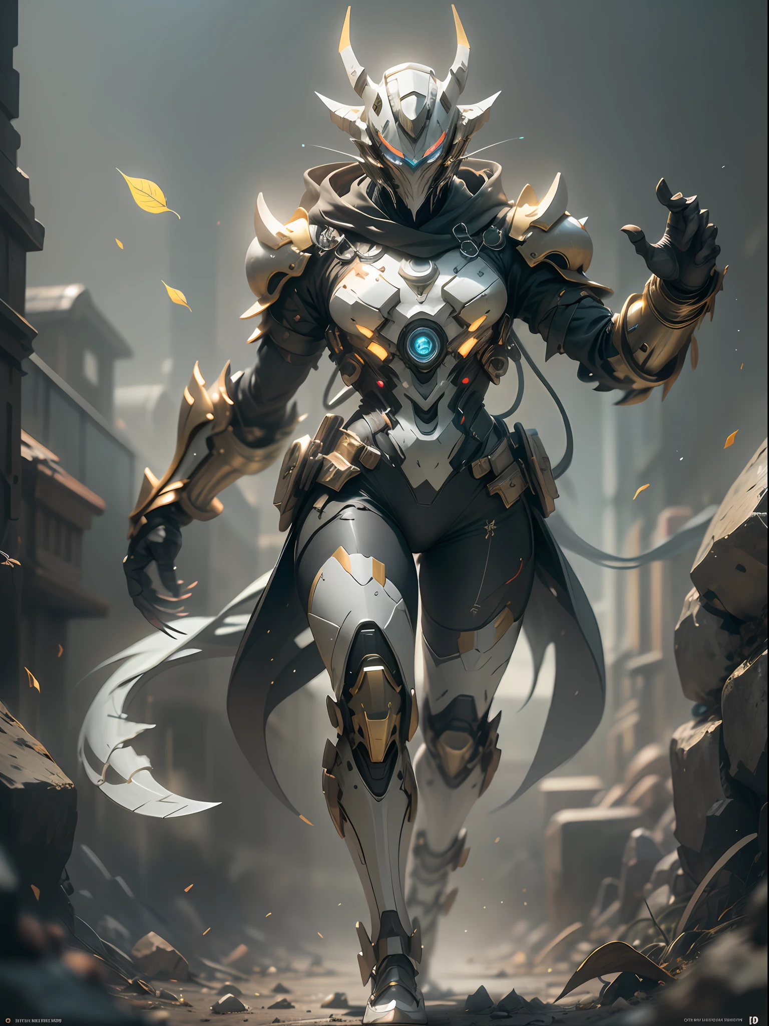 Has Wolverine Claw Ghost Assassin, super cool Ghost Assassin, has huge Vajra Claw, Assassin, Golden Claw, Claw Knife, wearing yellow mechanical armor, leaves falling, claw waving pose, imposing walking, positive perspective, perfect body proportions, tall figure, tall height, full body shot, super detail, looking up view, IP by pop mart, edge light, avatar, octane rendering, blender, full body, clean black background, 3d, c4d, best quality, very detailed, Ancient Technology, HDR (High Dynamic Range), Ray Tracing, NVIDIA RTX, Super Resolution, Unreal 5, Subsurface Scattering, PBR Texture, Post Processing, Anisotropic Filtering, Depth of Field, Maximum Clarity and Acutance, Multilayer Textures, Albedo and Highlight Maps, Surface Shading, Accurate Simulation of Light-Material Interactions, Perfect Proportions, Octane Rendering, Two-tone Lighting, Low ISO, White Balance, Rule of Thirds, Wide Aperture, 8K RAW, High Efficiency Sub-Pixel, Subpixel Convolution, Glowing Particles, Light scattering, Tyndall effect