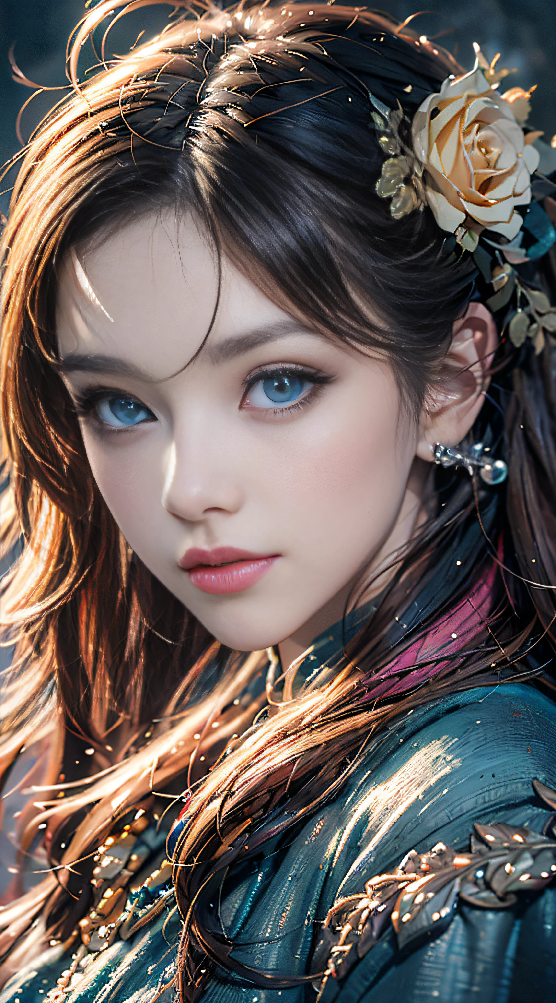 ( Absurd, High quality, ultra-detailed, masterpiece, concept art, smooth, highly detailed artwork, hyper-realistic painting )beautiful eyes(eyes detailed),1 pretty girl, Rose with pink, yellow, and blue color, Rainbow, dreamy, clouds, Vivid, fantasy