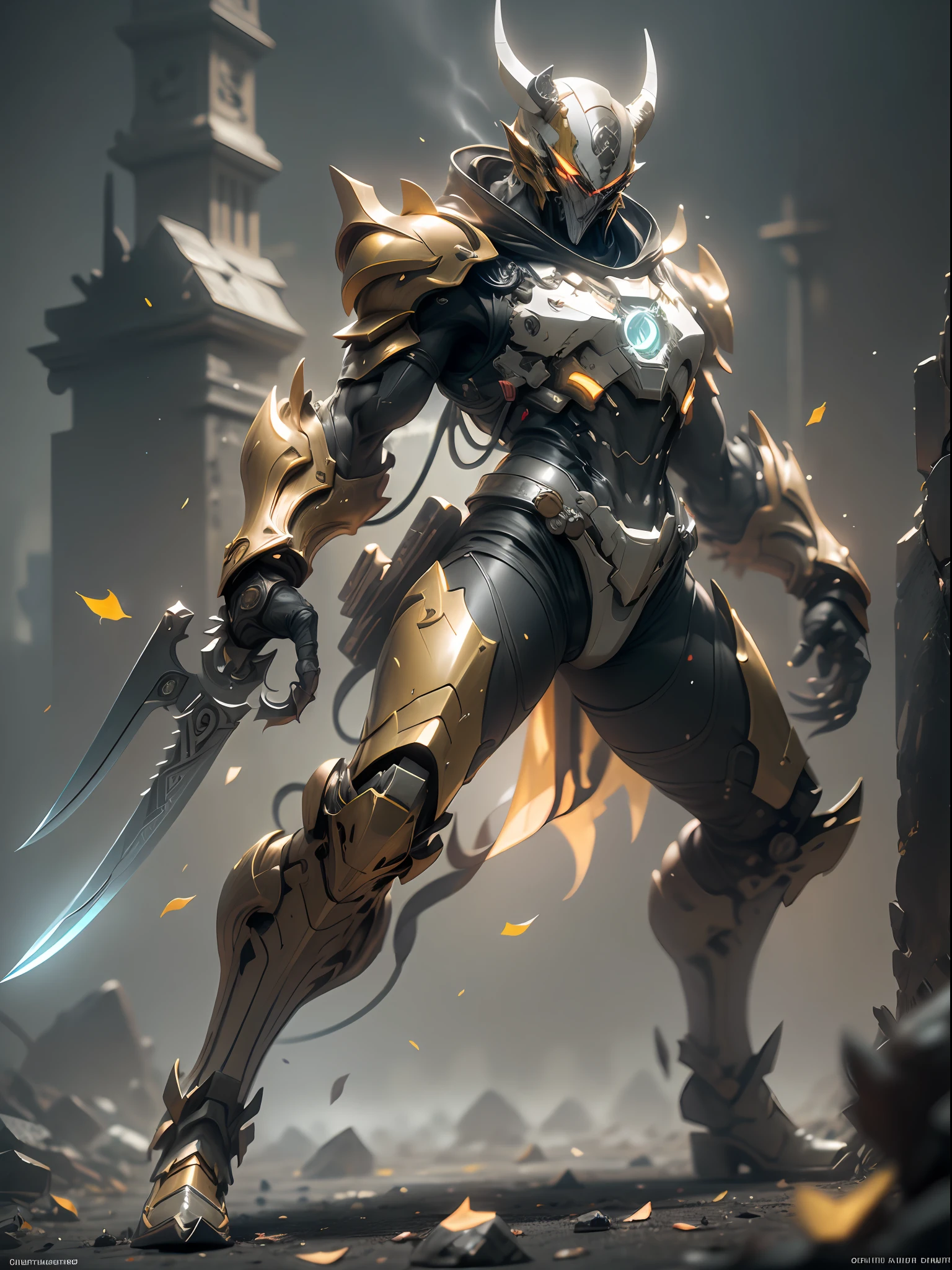 Has Wolverine Claw Ghost Assassin, super cool Ghost Assassin, has huge Vajra Claw, Assassin, Golden Claw, Claw Knife, wearing yellow mechanical armor, leaves falling, claw waving pose, imposing walking, positive perspective, perfect body proportions, tall figure, tall height, full body shot, super detail, looking up view, IP by pop mart, edge light, avatar, octane rendering, blender, full body, clean black background, 3d, c4d, best quality, very detailed, Ancient Technology, HDR (High Dynamic Range), Ray Tracing, NVIDIA RTX, Super Resolution, Unreal 5, Subsurface Scattering, PBR Texture, Post Processing, Anisotropic Filtering, Depth of Field, Maximum Clarity and Acutance, Multilayer Textures, Albedo and Highlight Maps, Surface Shading, Accurate Simulation of Light-Material Interactions, Perfect Proportions, Octane Rendering, Two-tone Lighting, Low ISO, White Balance, Rule of Thirds, Wide Aperture, 8K RAW, High Efficiency Sub-Pixel, Subpixel Convolution, Glowing Particles, Light scattering, Tyndall effect
