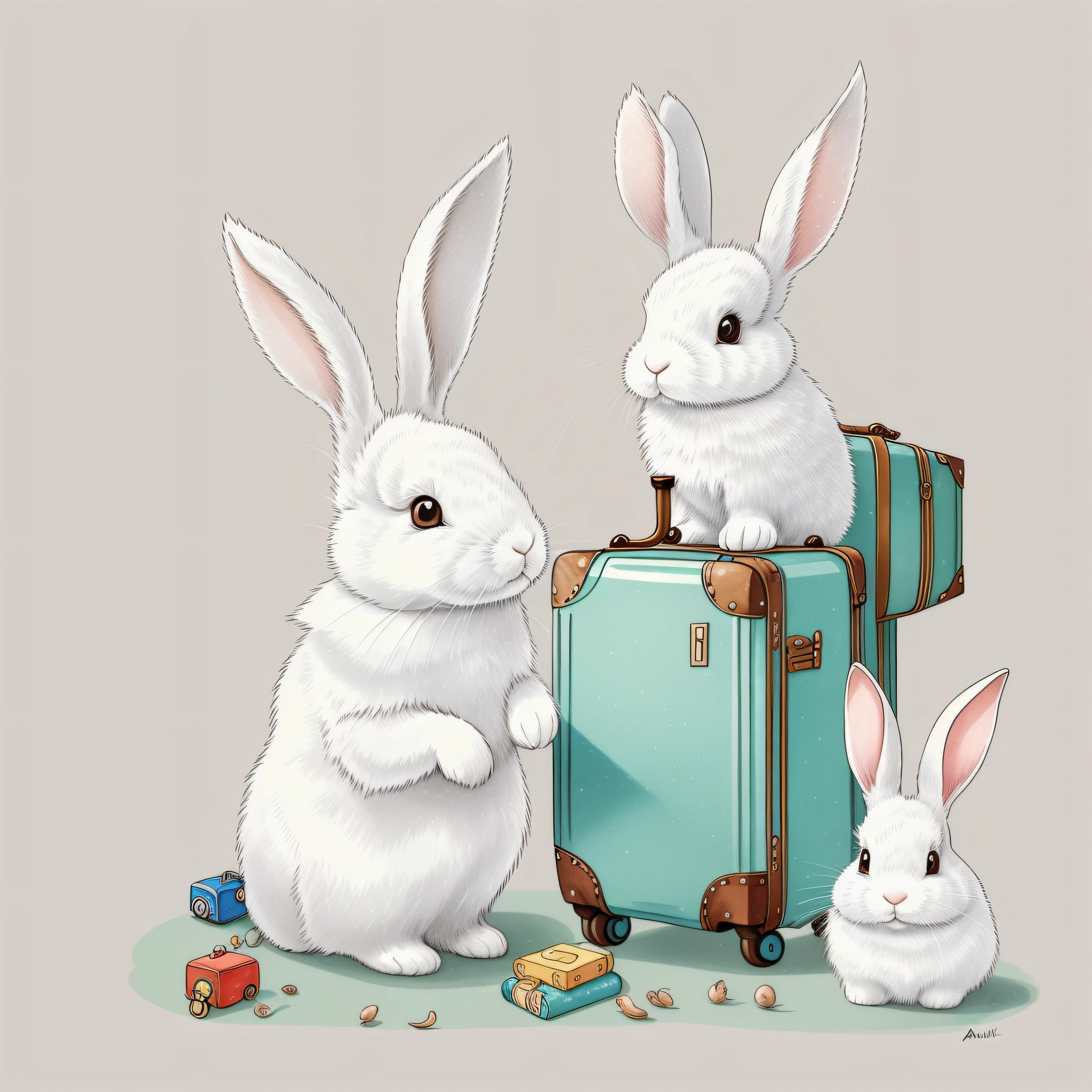 Picture book illustration for children, white rabbit, anthropomorphic rabbit, rabbit with luggage, rabbit with object, cute, color illustration, white background