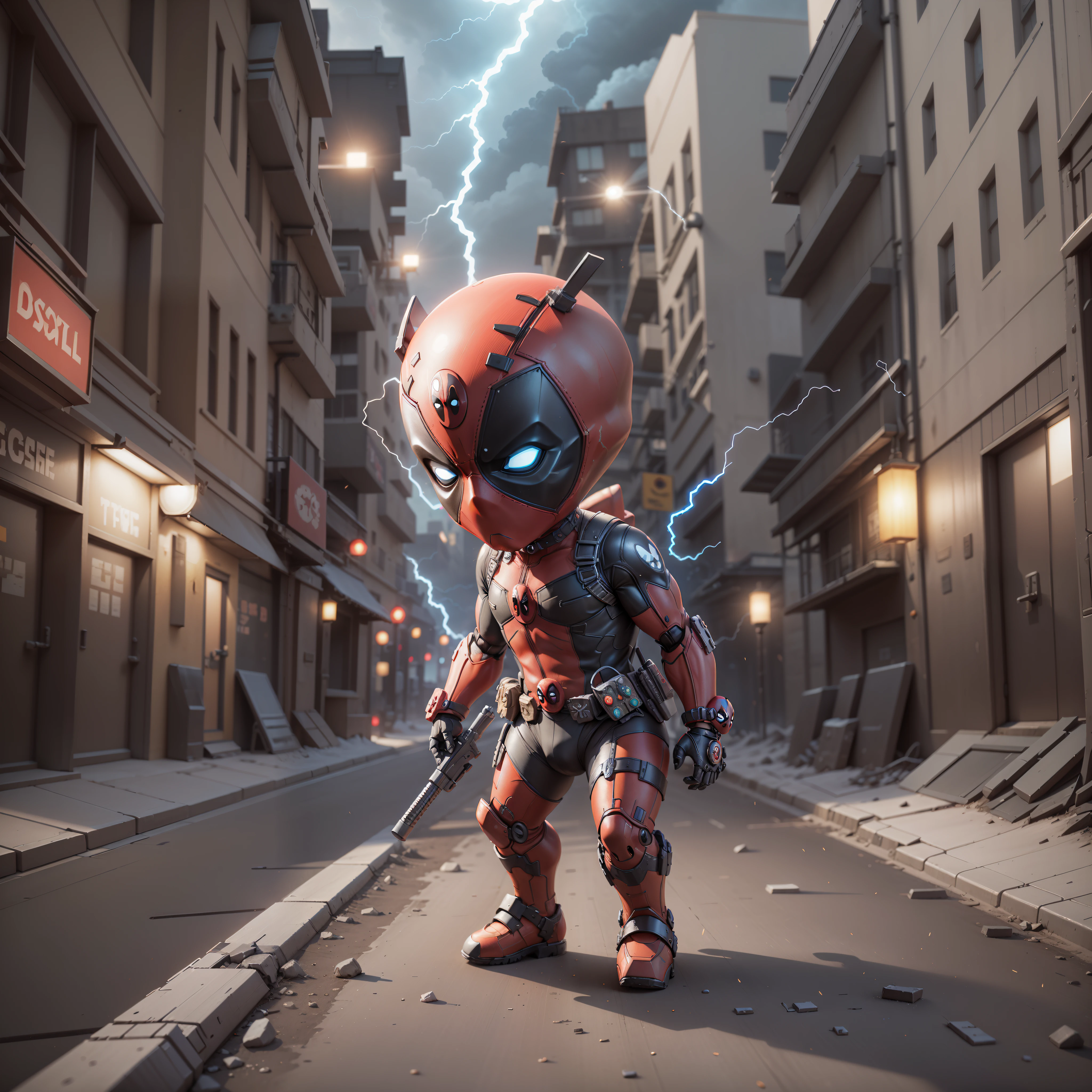 (Mechanical, little deadpool: 1.331), (Mechanical) Cute Style, Small, Lava Jet, 3D Rendering, ((Q Version)), Machine Style, Cinematic Texture, Figures, Movie Lights, Heavy Robotic Arm, Background Surround Lightning, Lightning, Cool, war Background, Ray Tracing, Full Body 3D Model, Action, Stylish Blind Box Toys. (fill body:1.2) chibi