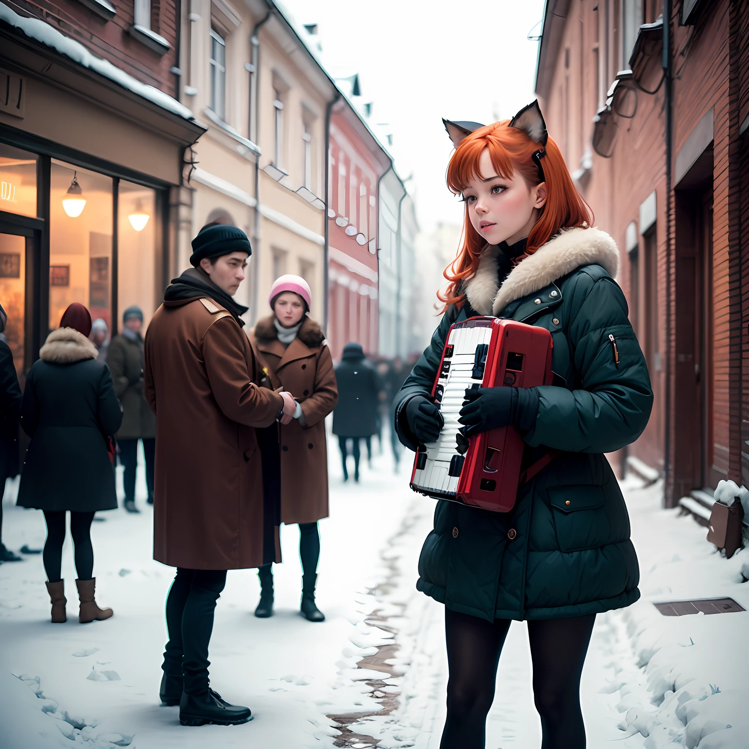 girl with cat ears, playing accordion, red hair, Soviet winter clothes, photography style, 35mm, 1990s, overcast sky, winter, Moscow 1990s --auto