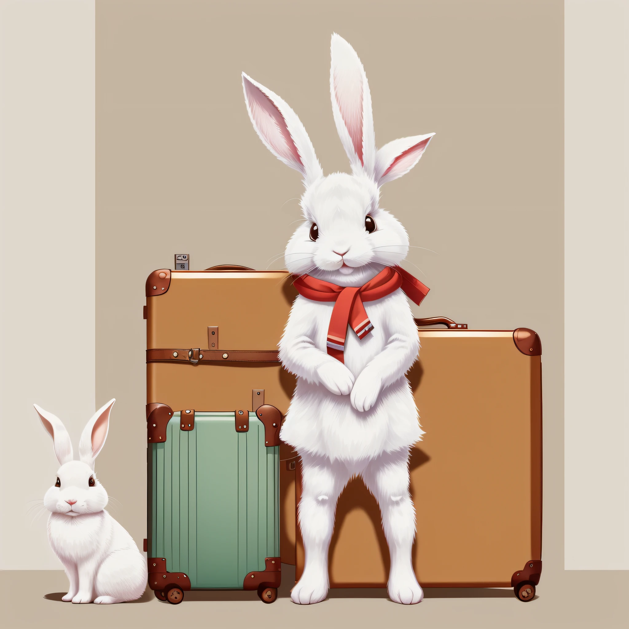 Picture book illustration for children, white rabbit, anthropomorphic rabbit, rabbit with luggage, rabbit with object, cute, color illustration, white background