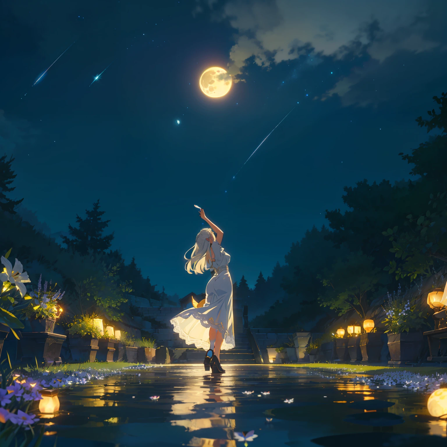 Open landscape , Landscape , Panoramic shot , (Looking up and down) , Girl in flower garden looking up , (Full moon: 1. 2) , (Shooting star: 0. 9) , (Nebula: 1. 3) , Starry sky , White flower garden , Shining flower garden , Fantastic flower garden , Trees , (Warm light source: 1. 2), (Firefly: 1. 2), lamp 3), Starry sky, White flower garden, (Warm Light Source: 1. 2), (Firefly: 1. 2), Lamp, Orange and Blue fine detail, (Masterpiece: 1. 2), (Top Quality), 4k, Ultra-fine detail, (Dynamic Composite: 1. 2), (Top Quality), Lamp, Orange and Blue voluminous lighting Main Fine Detail BREAK ((Masterpiece: 1.2), (Top Quality), 4k, Ultra Fine Detail, (Dynamic Composition: 1.4), Very Fine Detail, Colorful Detail, (Iridescent: 1. 2), (Luminous Lighting, Ambient Lighting), Dreamlike ( Ambient Lighting), Dreamlike, Fantastic, (Solo: 1.2), Glitter, Glitter, Petals Dancing, Light Dancing, White Hair, Beautiful Hair, Long Hair, Hair Dancing, Back View, Puddle, Soap Bubble, Pose, Long Skirt, Solid White Dress, Lace Short Sleeved Dress