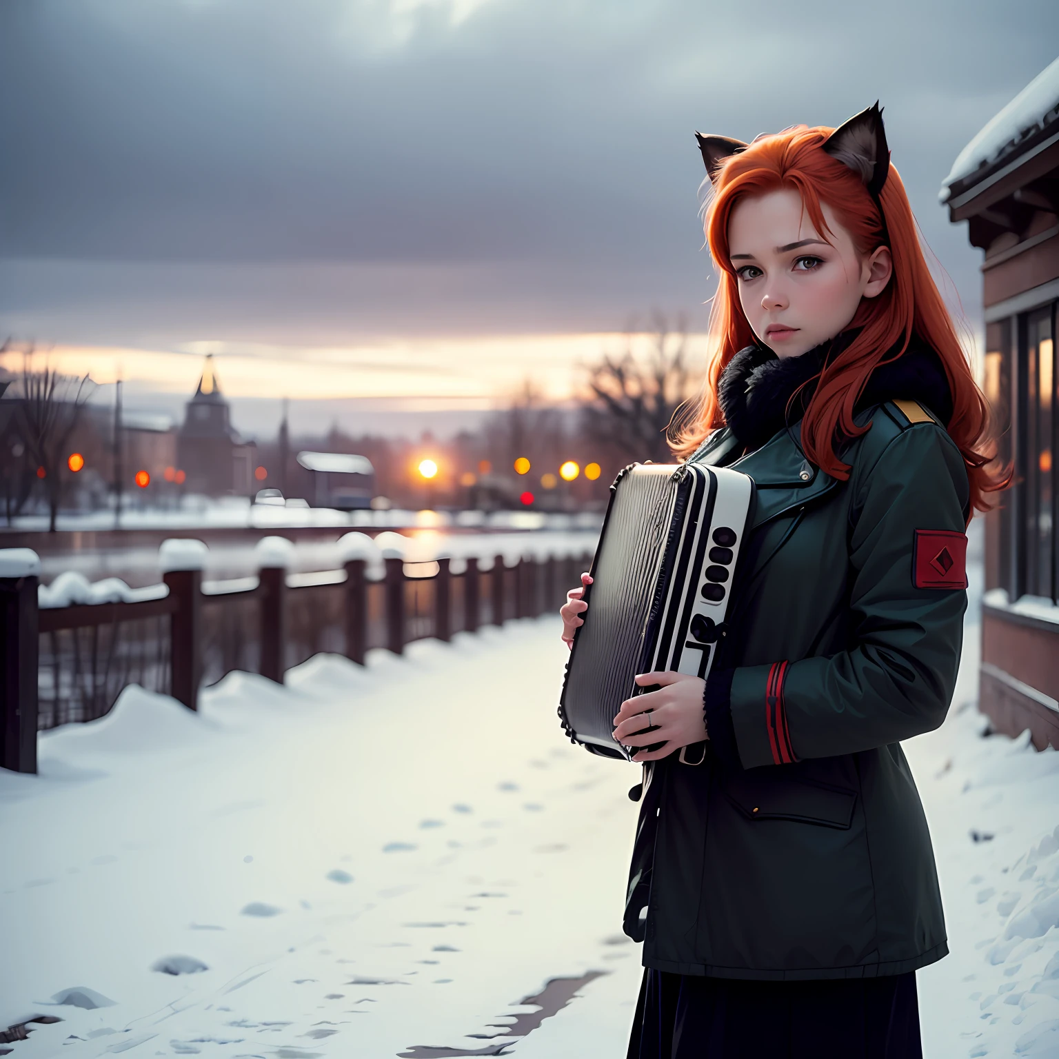 girl with cat ears, playing accordion, red hair, Soviet winter clothes, photography style, 35mm, 1990s, overcast sky, winter, Moscow 1990s --auto