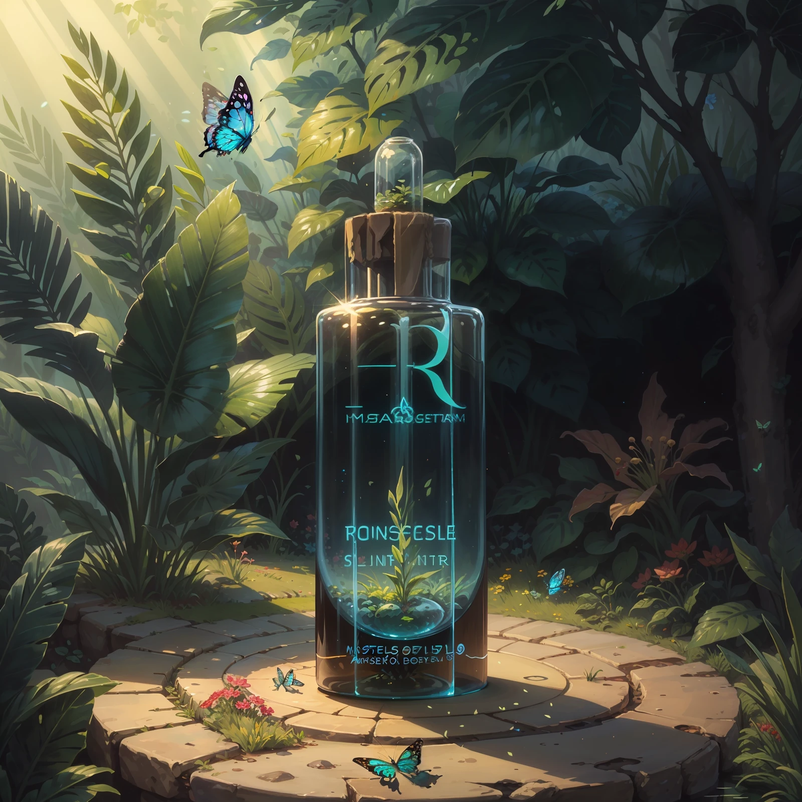 (Masterpiece, Best Quality: 1.2), (Ultra Detailed), (Illustration), Wallpaper, Original, An Essential Product, Grass, Vine, Water, Butterfly, Nature, Shiny, Surrounded by Light, Terrarium, RPG Style, Cartoon, Fantasy, Mobile Game, (Shiny)