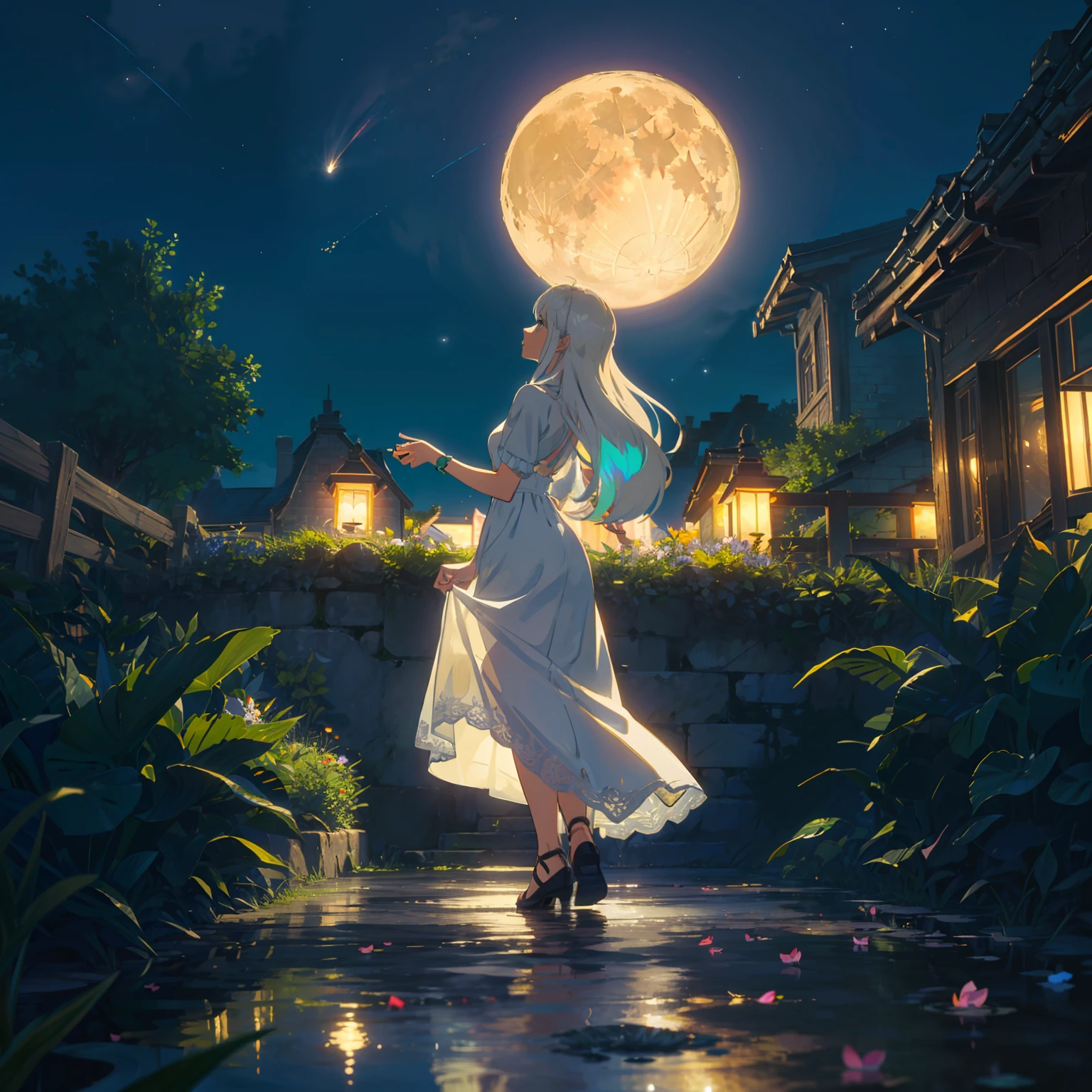 Open landscape , Landscape , Panoramic shot , (Looking up and down) , Girl in flower garden looking up , (Full moon: 1. 2) , (Shooting star: 0. 9) , (Nebula: 1. 3) , Starry sky , White flower garden , Shining flower garden , Fantastic flower garden , Trees , (Warm light source: 1. 2), (Firefly: 1. 2), lamp 3), Starry sky, White flower garden, (Warm Light Source: 1. 2), (Firefly: 1. 2), Lamp, Orange and Blue fine detail, (Masterpiece: 1. 2), (Top Quality), 4k, Ultra-fine detail, (Dynamic Composite: 1. 2), (Top Quality), Lamp, Orange and Blue voluminous lighting Main Fine Detail BREAK ((Masterpiece: 1.2), (Top Quality), 4k, Ultra Fine Detail, (Dynamic Composition: 1.4), Very Fine Detail, Colorful Detail, (Iridescent: 1. 2), (Luminous Lighting, Ambient Lighting), Dreamlike ( Ambient Lighting), Dreamlike, Fantastic, (Solo: 1.2), Glitter, Glitter, Petals Dancing, Light Dancing, White Hair, Beautiful Hair, Long Hair, Hair Dancing, Back View, Puddle, Soap Bubble, Pose, Long Skirt, Solid White Dress, Lace Short Sleeved Dress