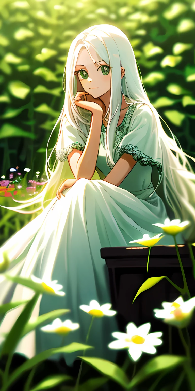 (masterpiece, best quality),1girl with long white hair sitting in a field of green plants and flowers, her hand under her chin, warm lighting, white dress, blurry foreground