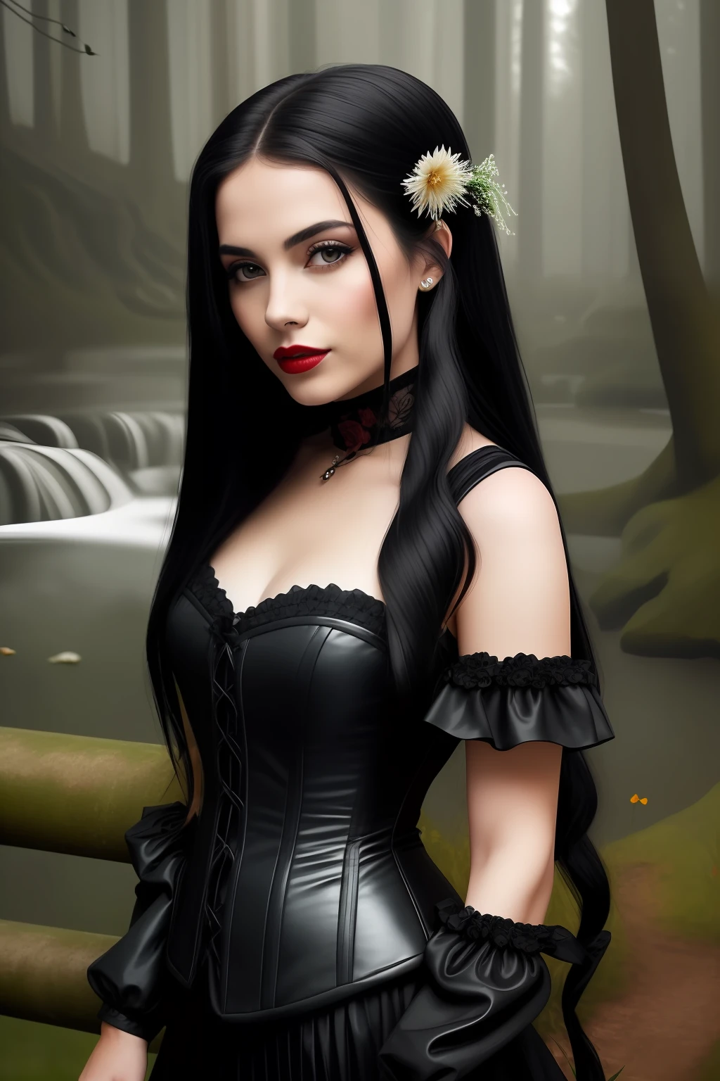 Very beautiful white woman with black hair wearing a black queen style dress, with a red rose in hand