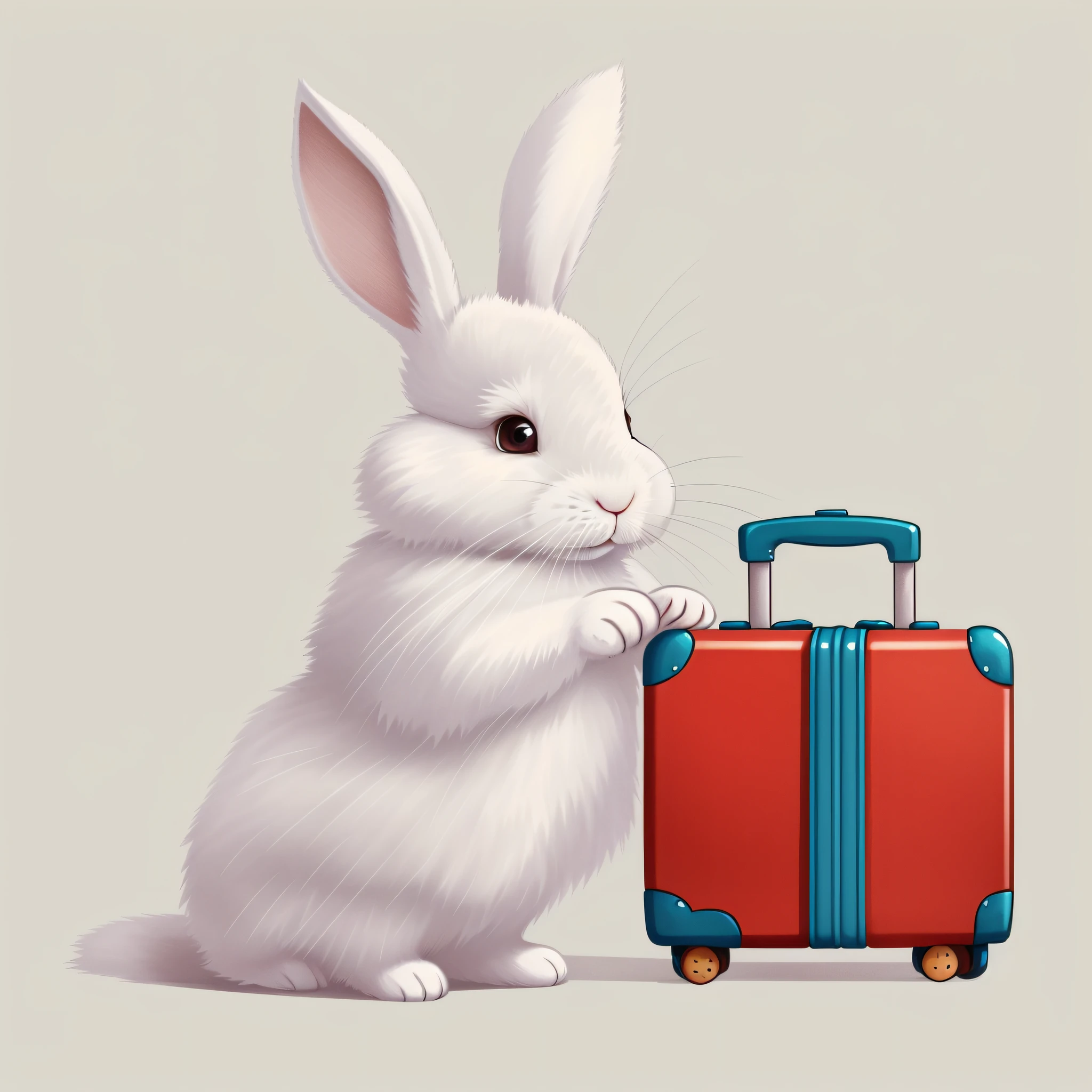 Picture book illustration for children, white rabbit, anthropomorphic rabbit, rabbit with luggage, rabbit with object, cute, color illustration, white background