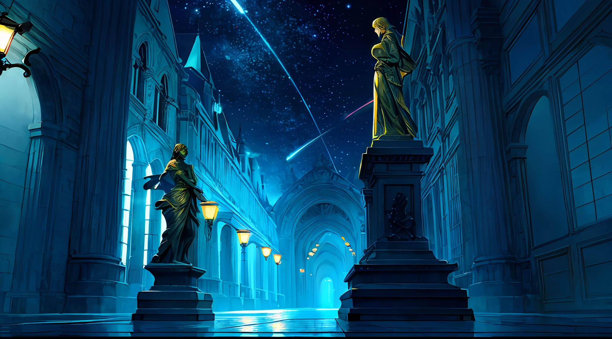landscape at night statues with the colors blue and gold best quality