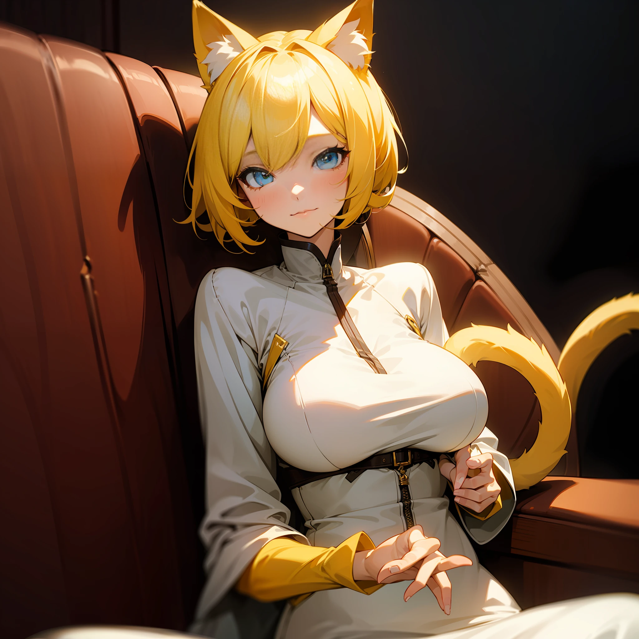 (Best Image Quality) (Super High Resolution) (Unity wallpaper) A yellow cat ears yellow hair blue eyes girl, has two hands, big breasts (exposed a little), home clothes, at home, sitting on the sofa