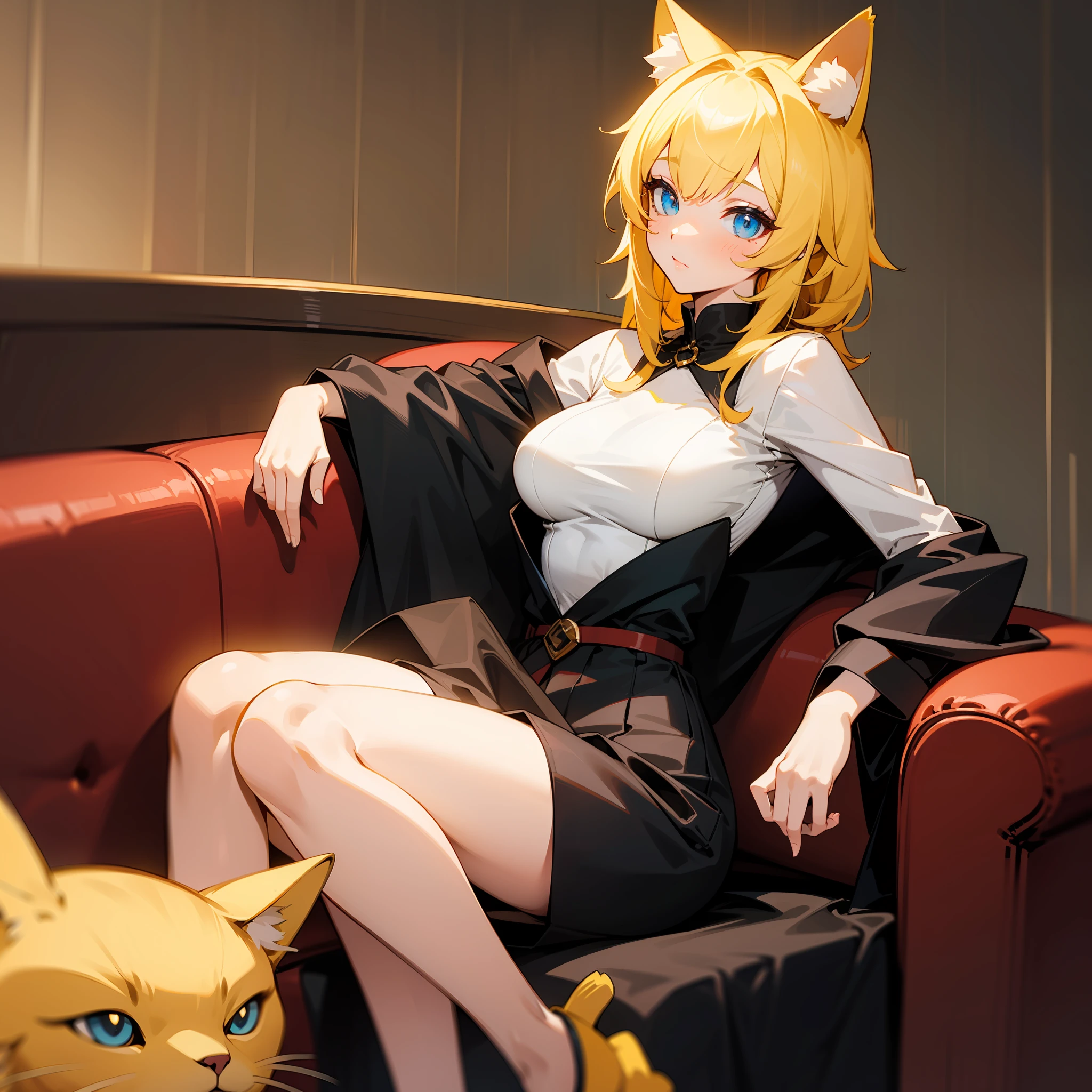 (Best Image Quality) (Super High Resolution) (Unity wallpaper) A yellow cat ears yellow hair blue eyes girl, has two hands, big breasts (exposed a little), home clothes, at home, sitting on the sofa