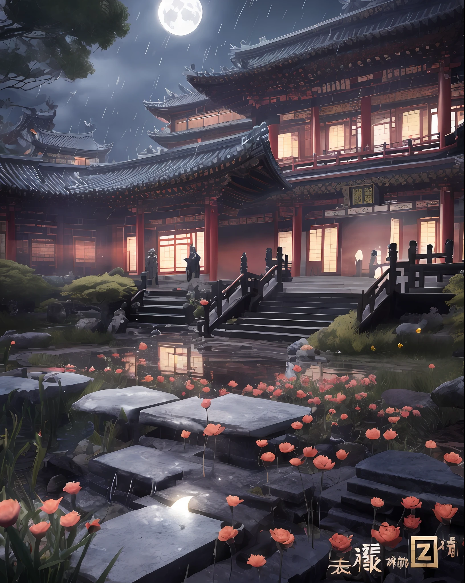 Real, ancient building, super real ancient building, super detail, super exquisite, buildings with many flowers on the ground, ancient temples, ancient Chinese cities, Unreal Engine 4K wallpaper, Japonisme 3 D 8 K super detail, Zen temple background, Unreal Engine, 4K high-detail digital art, 8K high-quality detail art, Unreal Engine rendering concept art, Tang Dynasty exquisite rendering, flowers, moonlight, flying rain, wind movement, ancient Chinese paper lights, online game fairy, fairy qi fluttering, Xiu Xian