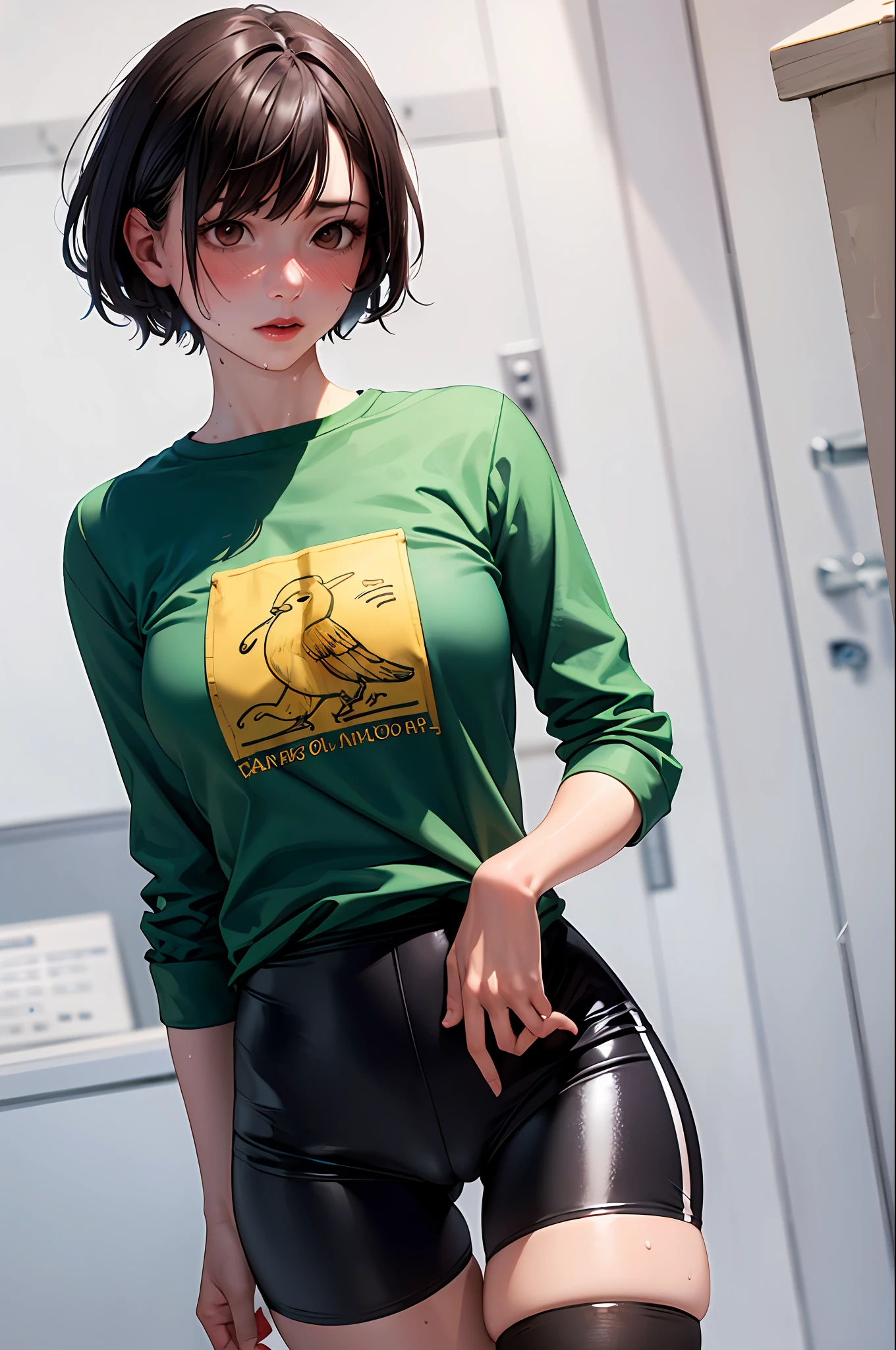 ((masterpiece, best_quality)), (photorealistic:1.4), solo, 1 girl, white_background, black_hair, long_hair, zettai_ryouiki, loose long sleeve T-shirt, outline nipple can be seen through the clothes, areola bulge, sketch-bird printing, Chuck Taylor, crotch gap, running shorts, crotch barely seen, cameltoe ,shiny skin, sweaty skin, nose blush, canvas tote bag