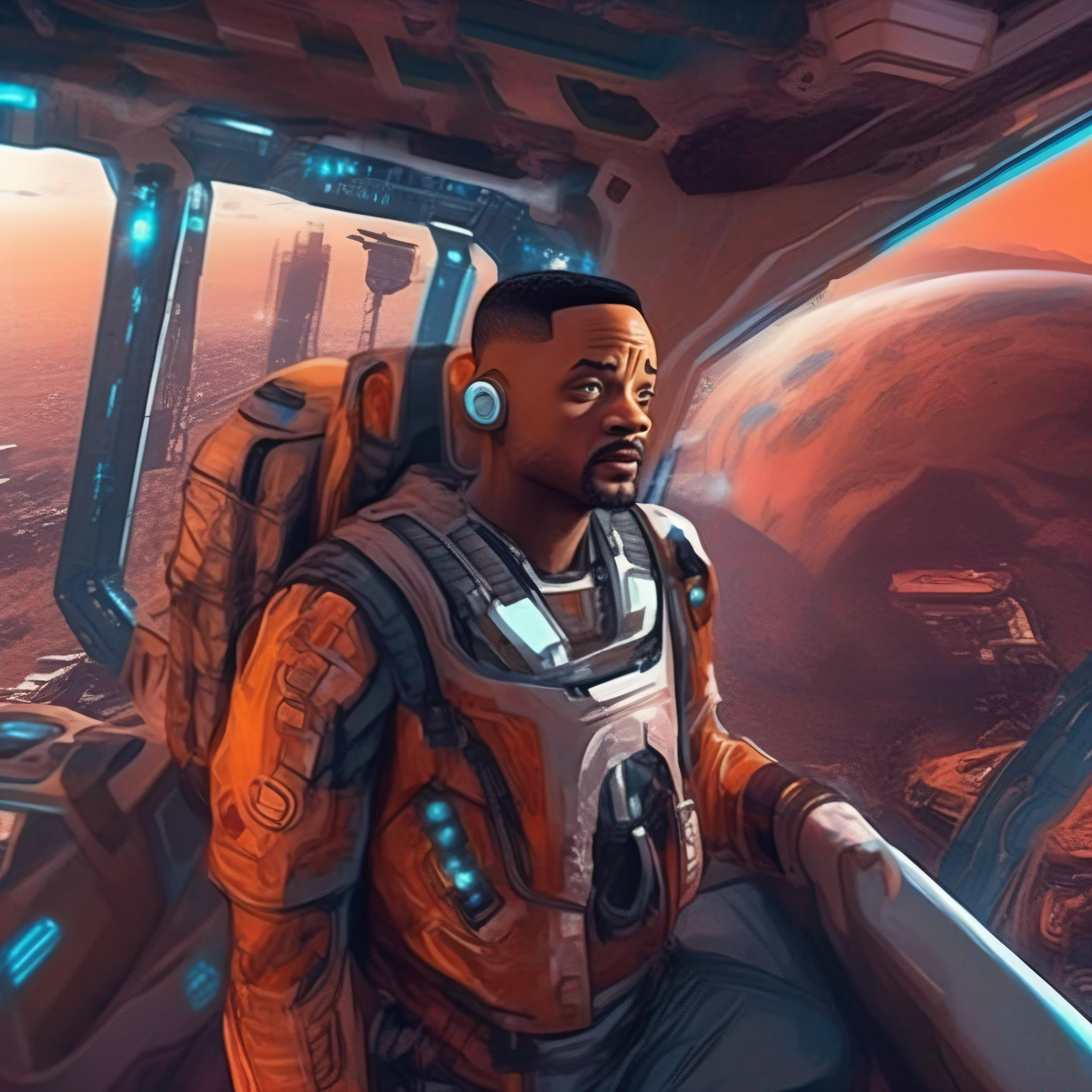 Will Smith astronaut in space city on planet mars futuristic, cyberpunk