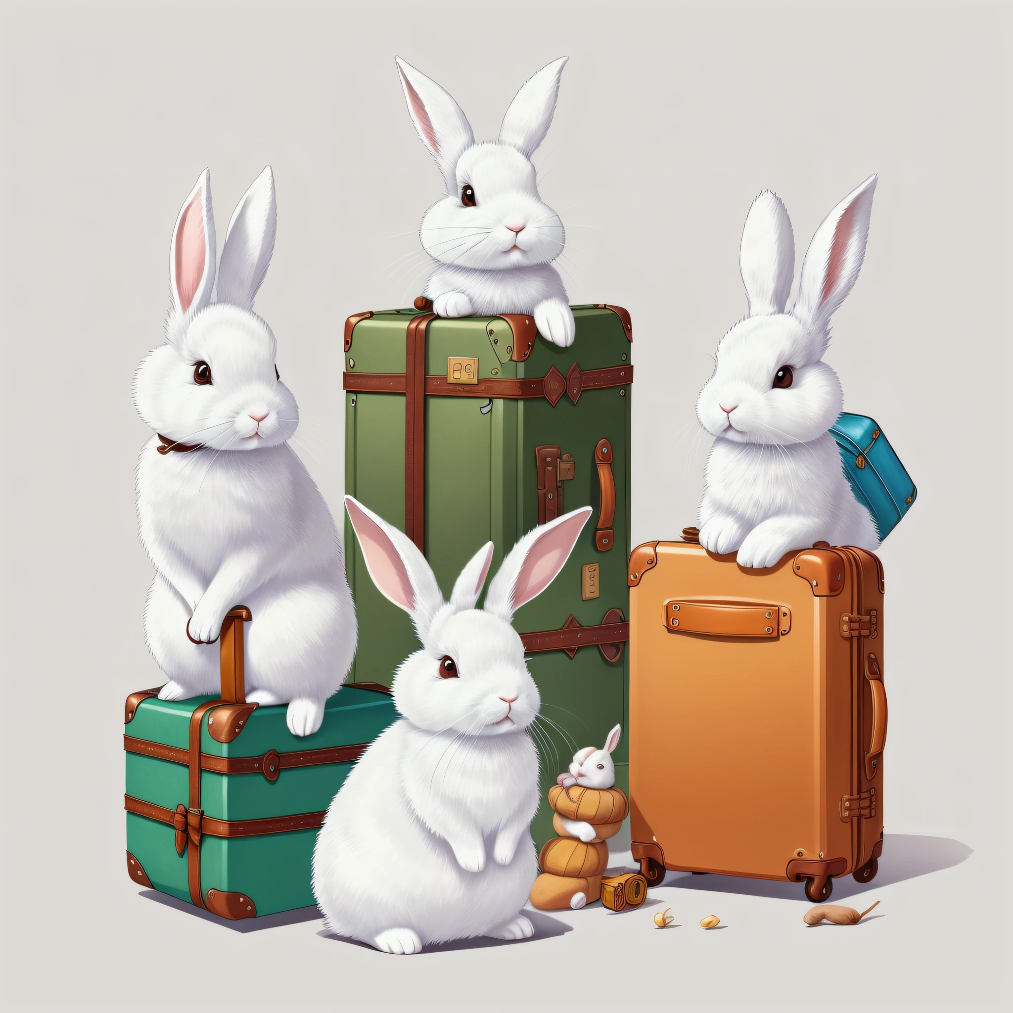 Picture book illustration for children, white rabbit, anthropomorphic rabbit, rabbit with luggage, rabbit with object, cute, color illustration, white background