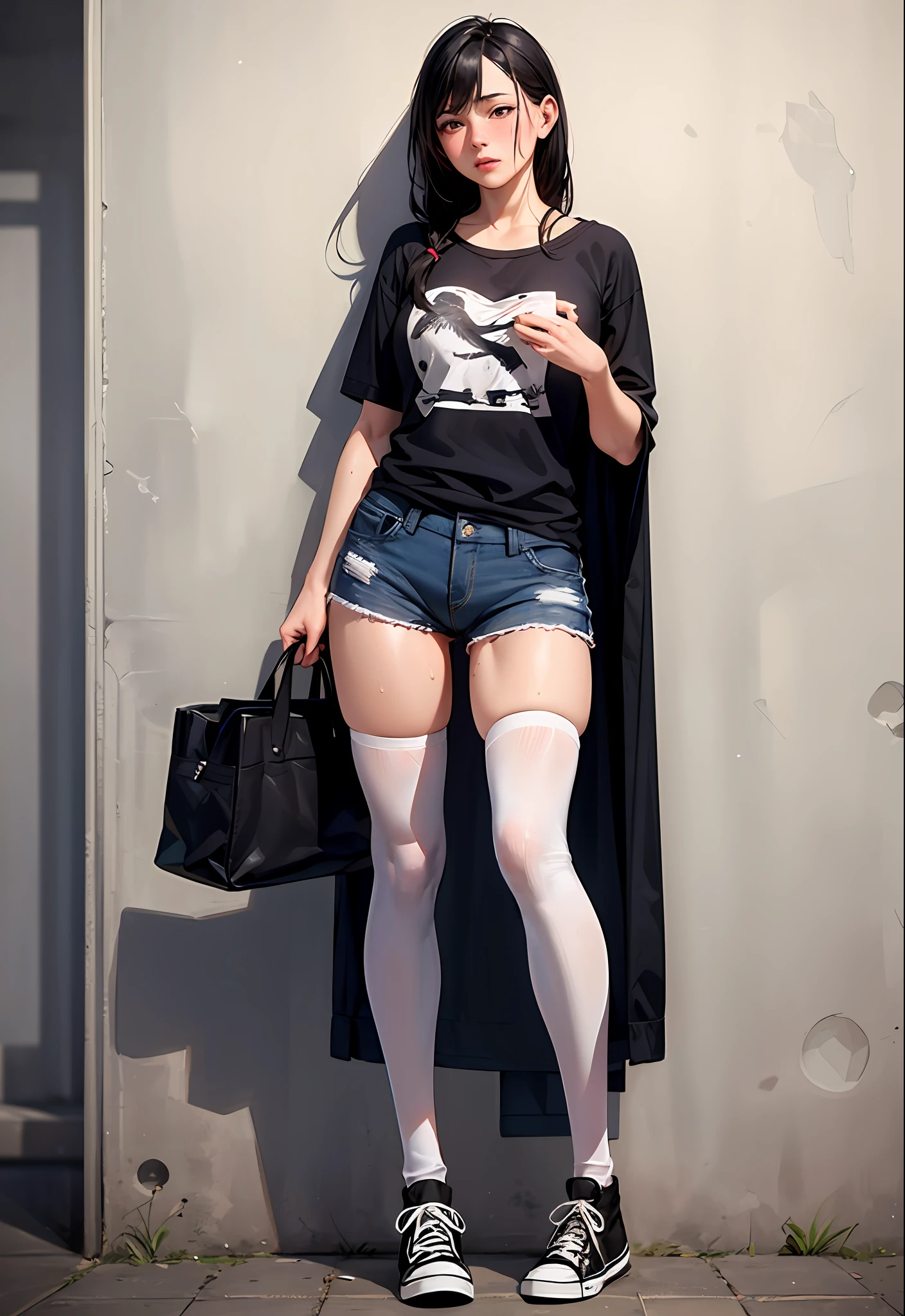 ((masterpiece, best_quality)), full body, (photorealistic:1.4), solo, 1 girl, white_background, black_hair, long_hair, zettai_ryouiki, loose shirt, nipple bulge, sketch-bird printing, Chuck Taylor, crotch gap, micro shorts, crotch barely seen, cameltoe ,shiny skin, sweaty skin, nose blush, canvas tote bag