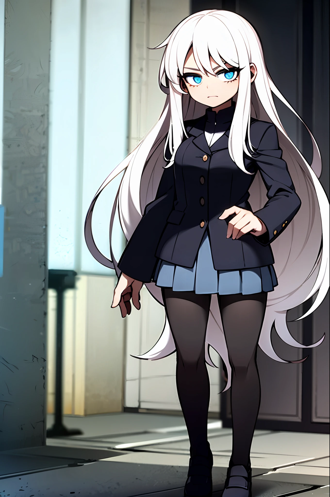 white hair, long hair, cute, full body, black suit, white shirt, pleated skirt, light blue eyes