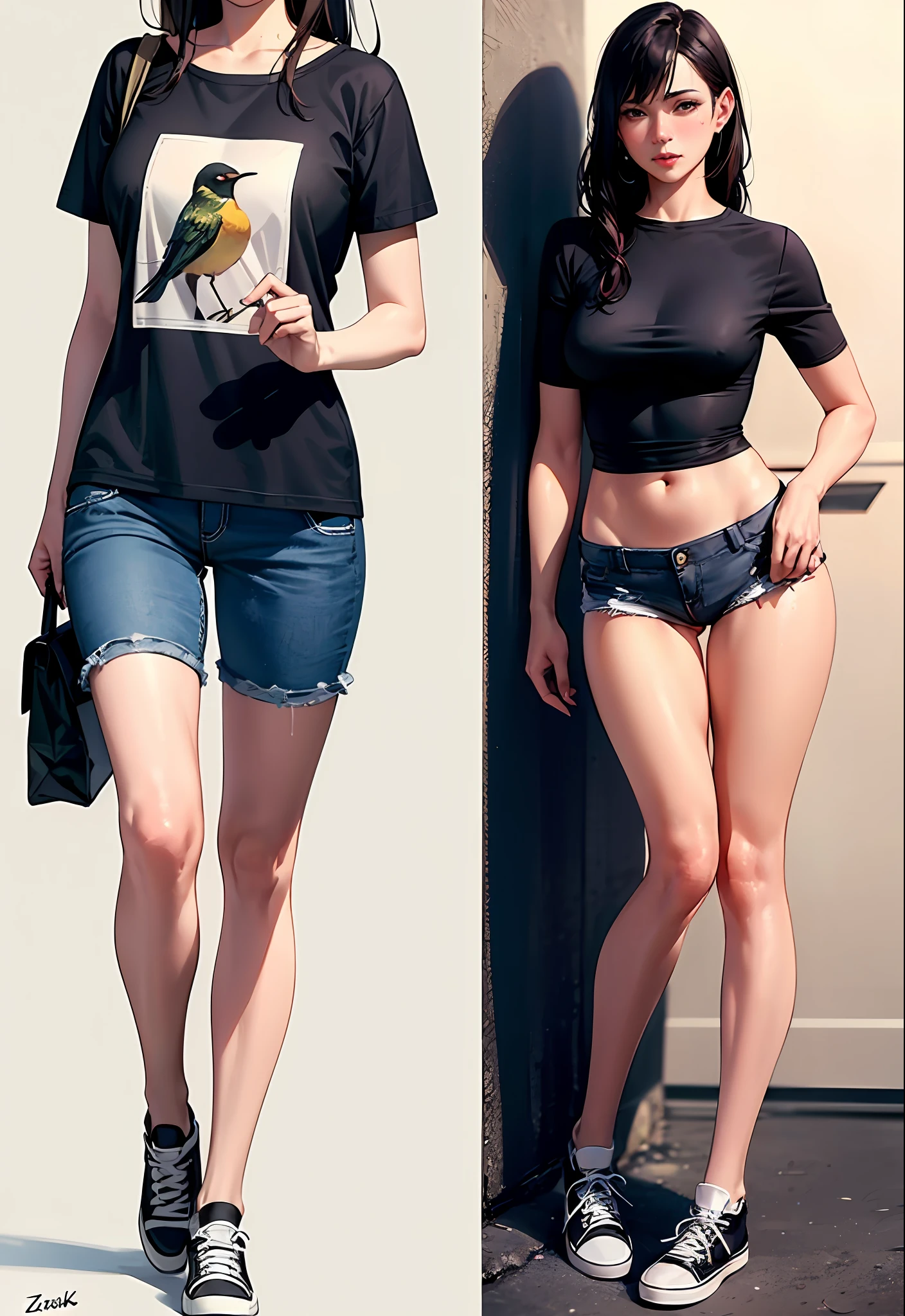 ((masterpiece, best_quality)), full body, (photorealistic:1.4), solo, 1 girl, white_background, black_hair, long_hair, zettai_ryouiki, loose shirt, nipple bulge, sketch-bird printing, Chuck Taylor, crotch gap, micro shorts, crotch barely seen, cameltoe ,shiny skin, sweaty skin, nose blush, canvas tote bag