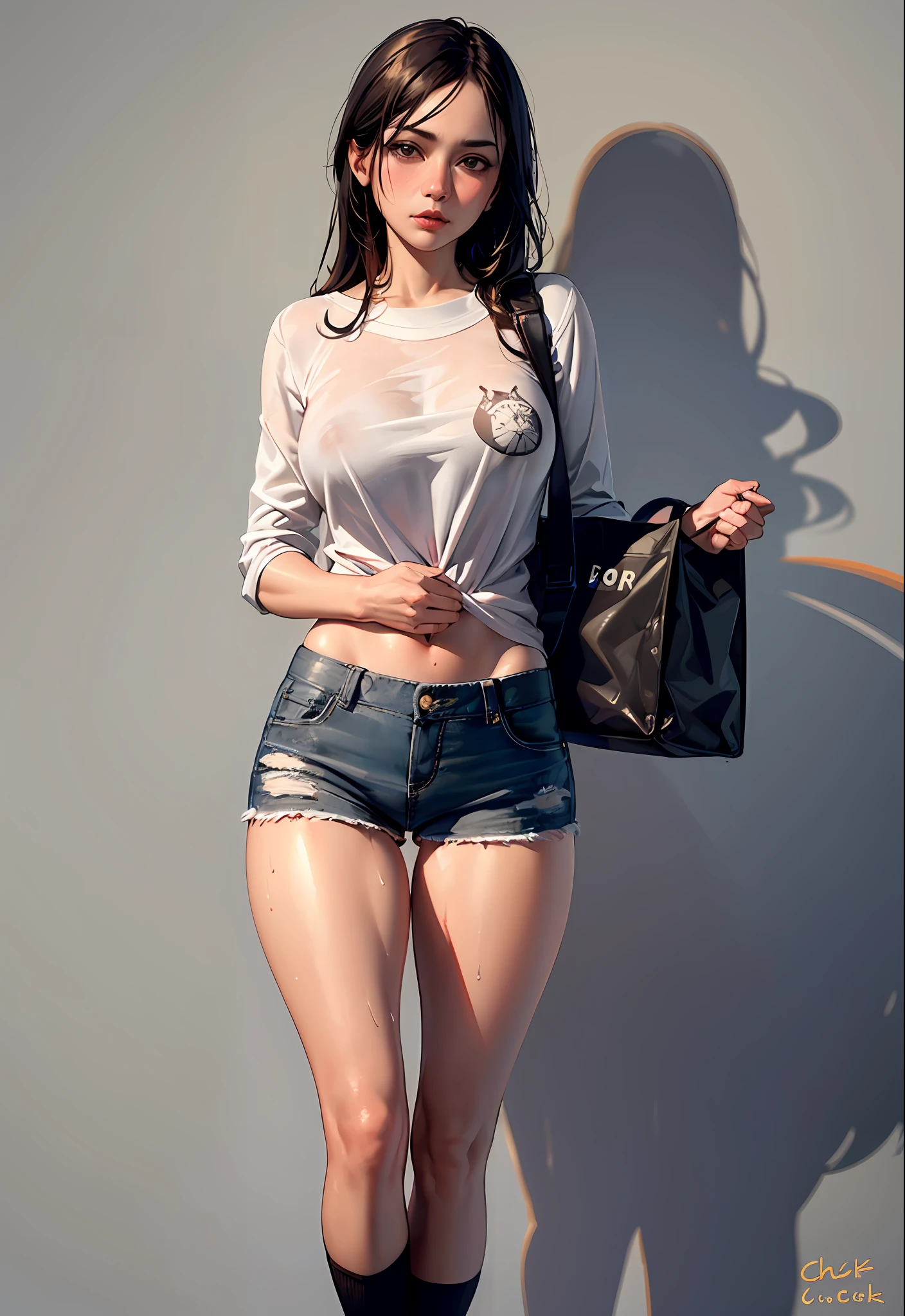 ((masterpiece, best_quality)), full body, (photorealistic:1.4), solo, 1 girl, white_background, black_hair, long_hair, zettai_ryouiki, loose shirt, nipple bulge, sketch-bird printing, Chuck Taylor, crotch gap, micro shorts, crotch barely seen, cameltoe ,shiny skin, sweaty skin, nose blush, canvas tote bag