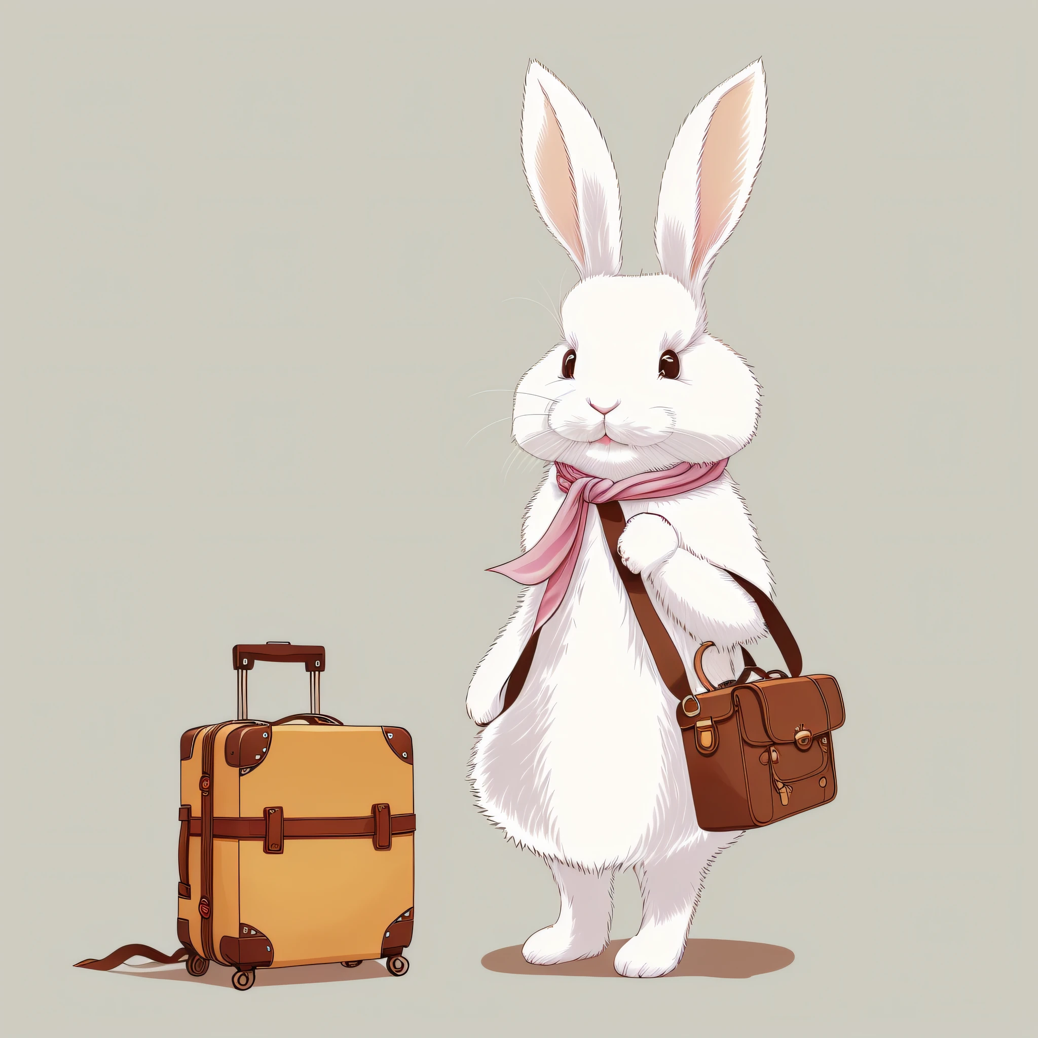 Picture book illustration for children, white rabbit, anthropomorphic rabbit, rabbit with luggage, rabbit with object, cute, color illustration, white background