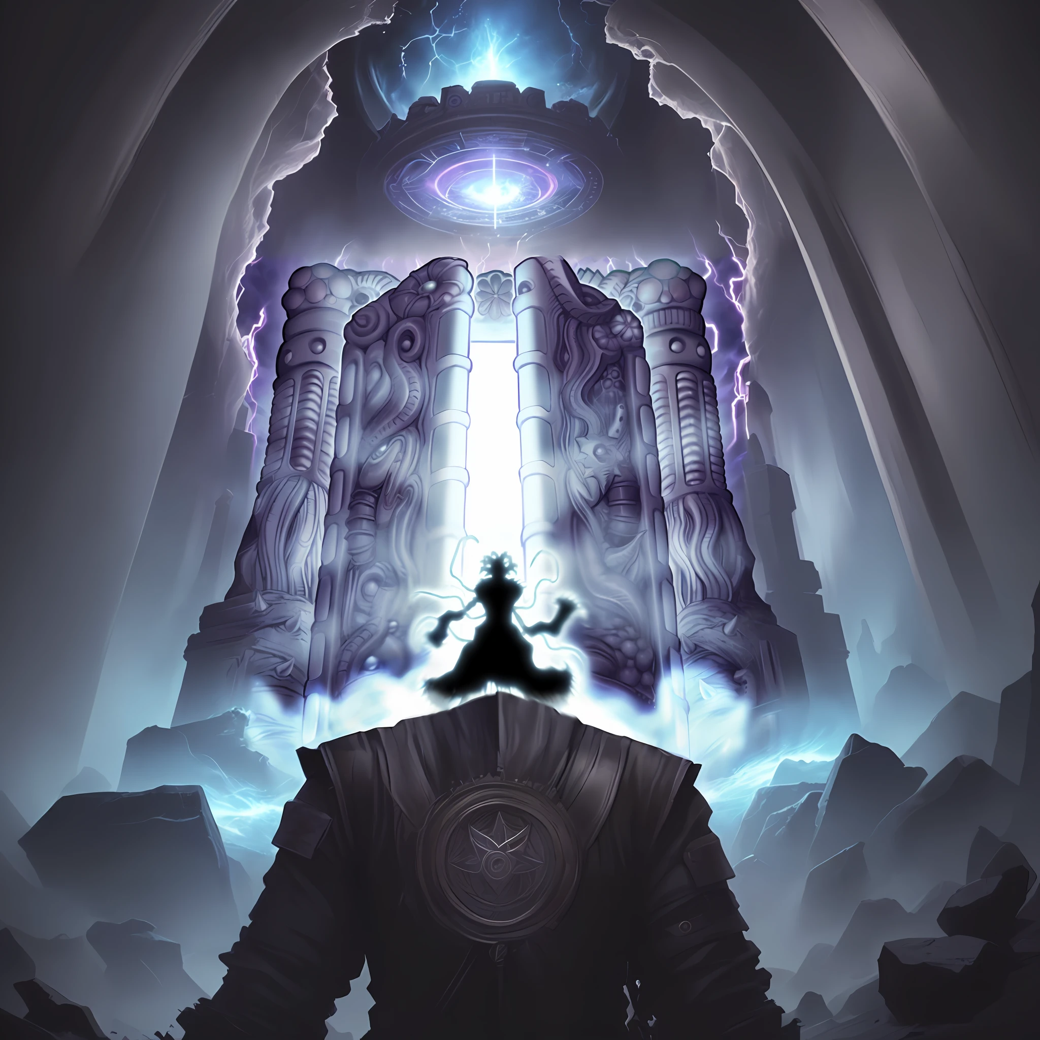 anime poster of a man standing in front of a doorway, fractal thunder dan mumford, an ominous fantasy illustration, mysterious temple setting, spirits coming out of portal, old god, symmetrical epic fantasy art, dark dimension portal, dmt temple, portal to the ethereal realm, dan mumford and alex grey style, vortex portal banish the elders