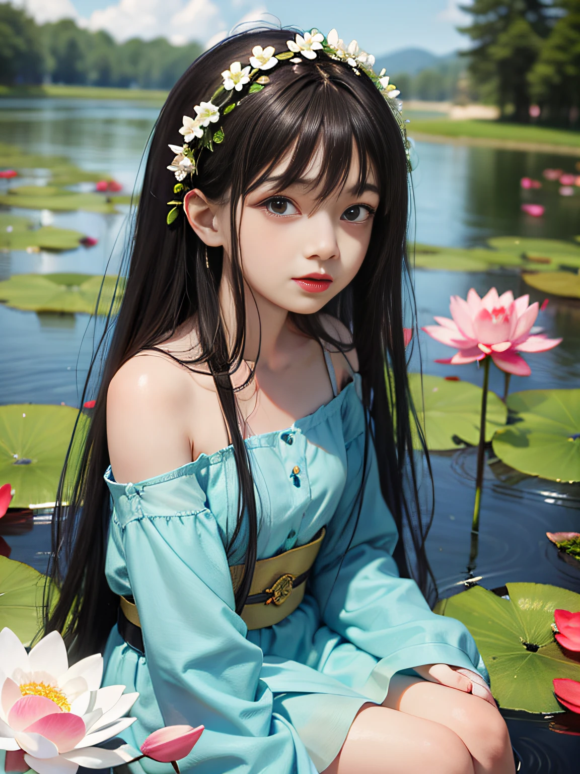 HD, depth of field, sorissos, spring, smaller head, sideways, sitting, black hair, garland, anime, off-the-shoulder, pond, lotus, cyan clothes