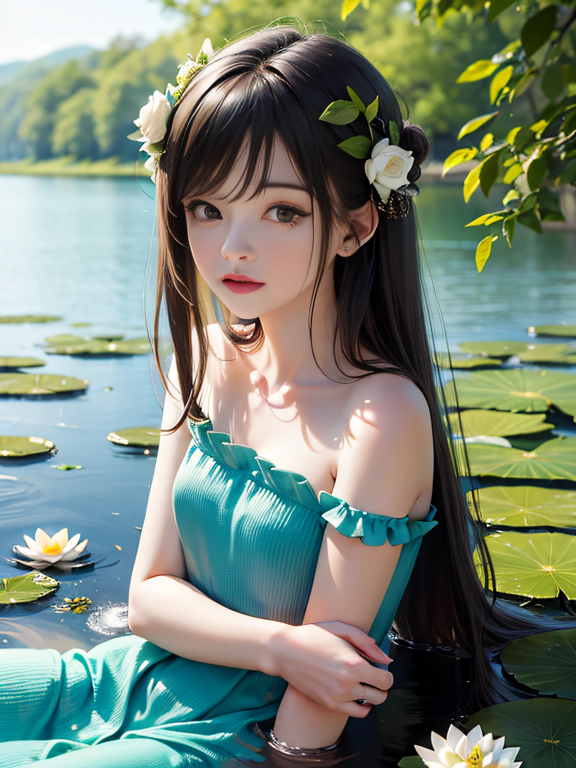 HD, depth of field, sorissos, spring, smaller head, sideways, sitting, black hair, garland, anime, off-the-shoulder, pond, lotus, cyan clothes