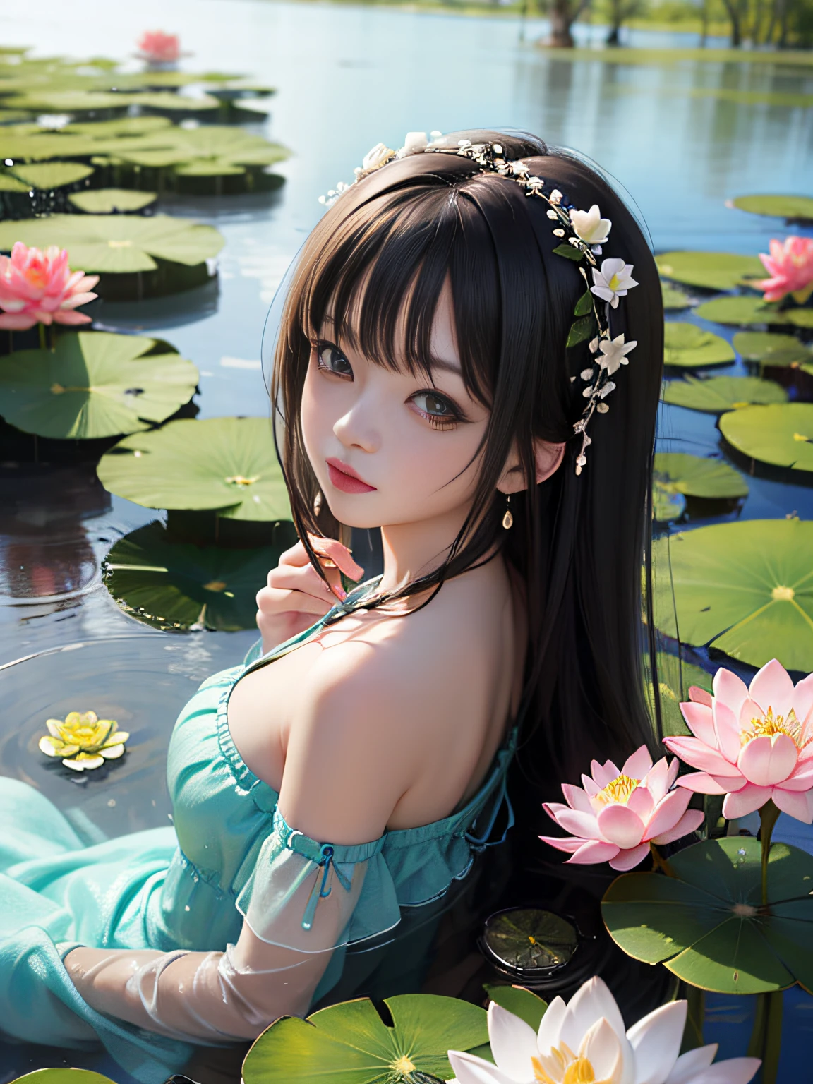 HD, depth of field, sorissos, spring, smaller head, sideways, sitting, black hair, garland, anime, off-the-shoulder, pond, lotus, cyan clothes