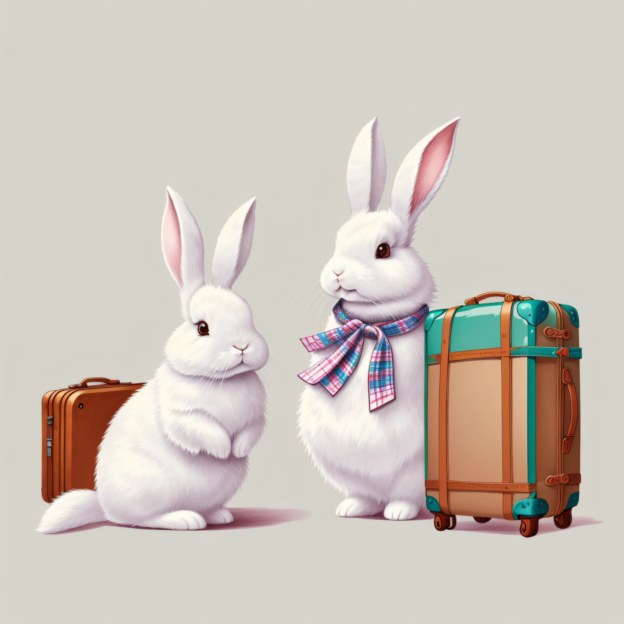 Picture book illustration for children, white rabbit, anthropomorphic rabbit, rabbit with luggage, rabbit with object, cute, color illustration, white background