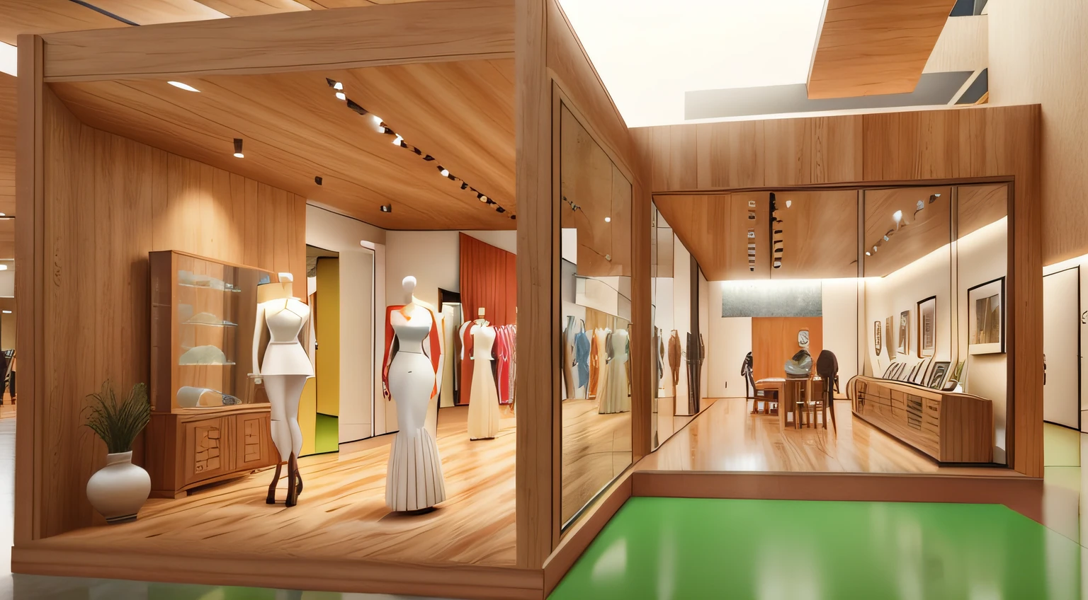 ((mannequin exhibition space)), (colorful clothing display), (looking inside the room from the outside), (room spread out in the back), (large room), (10 mannequins), (glass entrance), (low ceiling), (exhibition), (large space), ((many mannequins are displayed)), , (room), (wooden wall), (wooden pillar), person, liveliness, colorful clothing, creative design, vivid mannequin, , display, staff, fun, 8k, raw photo, best quality, masterpiece, highly detailed building, realistic style, best quality, photo-realistic, uhd, dslr, soft lighting, high quality, film grain, Fujifilm XT3, 85mm, f1.8, hyperrealistic, super detailed, intricate, high dynamic range