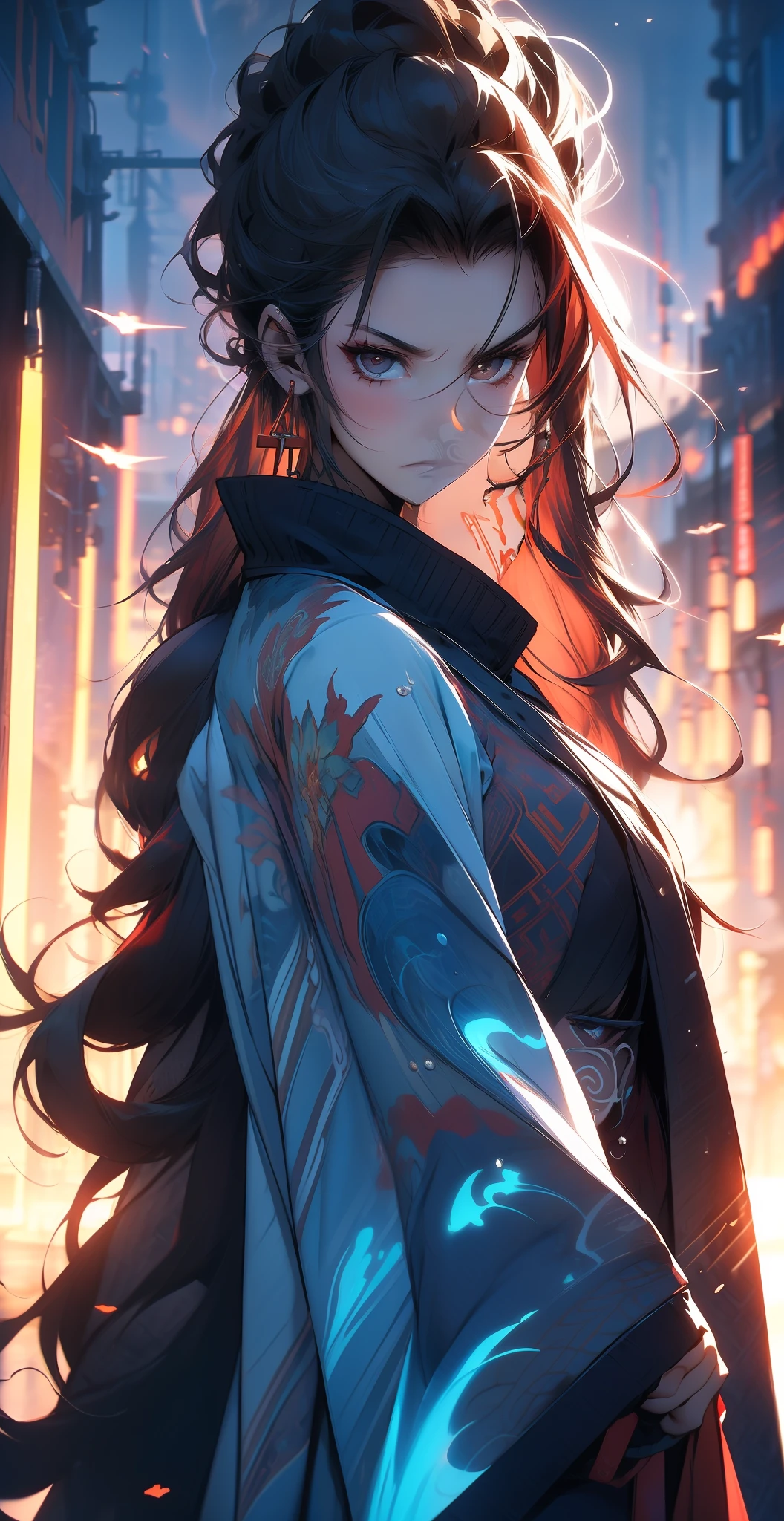 Chen Dan, 25-year-old charming woman, (long white hair), red hair, water drop earrings, ancient white and red Tang clothes, angry expression, demon sect leader, dark style, sky lightning and thunder, dark clouds, thunder element special effects, day and night, neon light effects