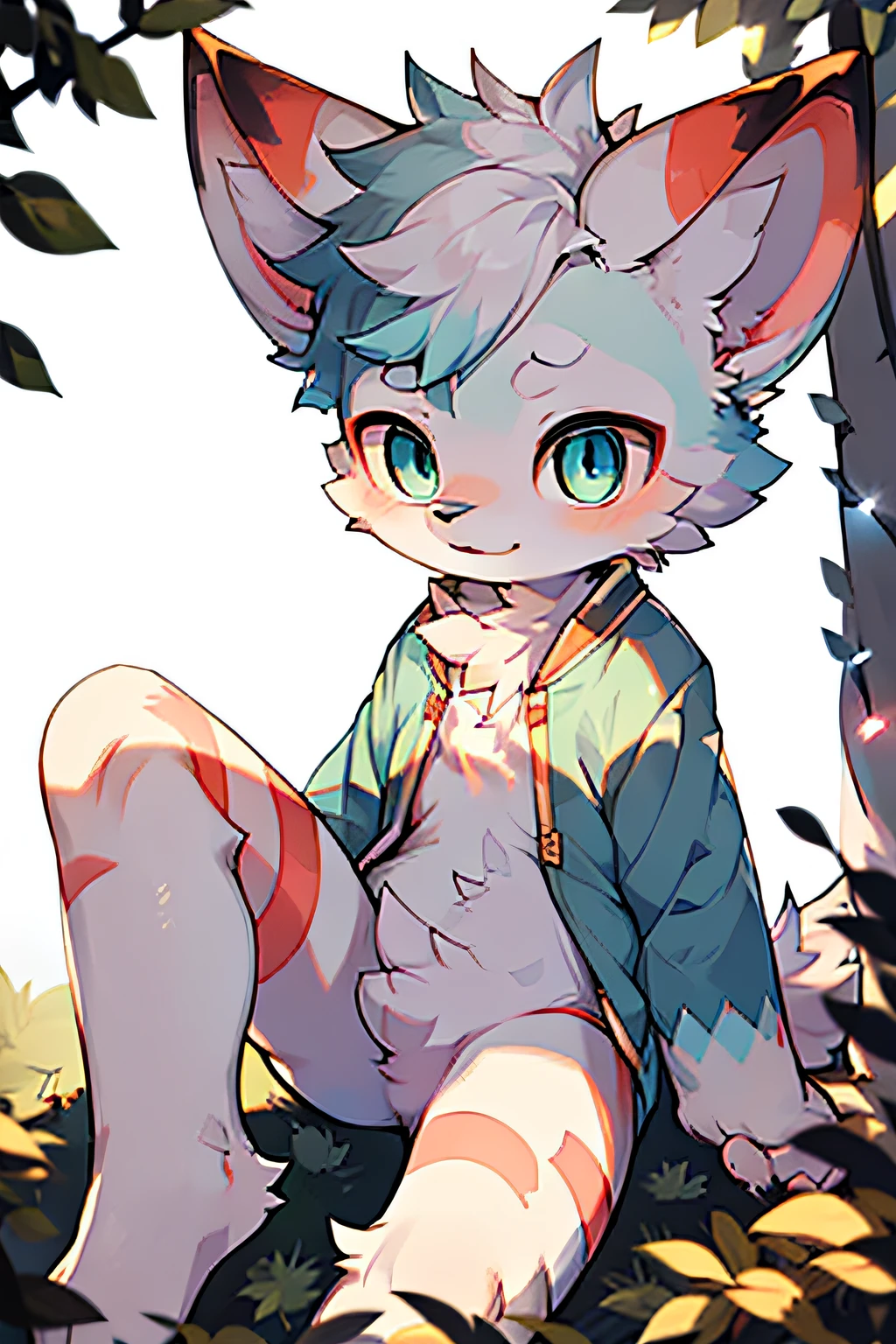 Furry, white fur, super cute face, blue elements on fur, beautiful lights and shadows, ambient light, super fine fur, volumetric light, animal focus, little boy, shota, pink flesh pad, bent leg kawaii, no clothing, furry, two ears,