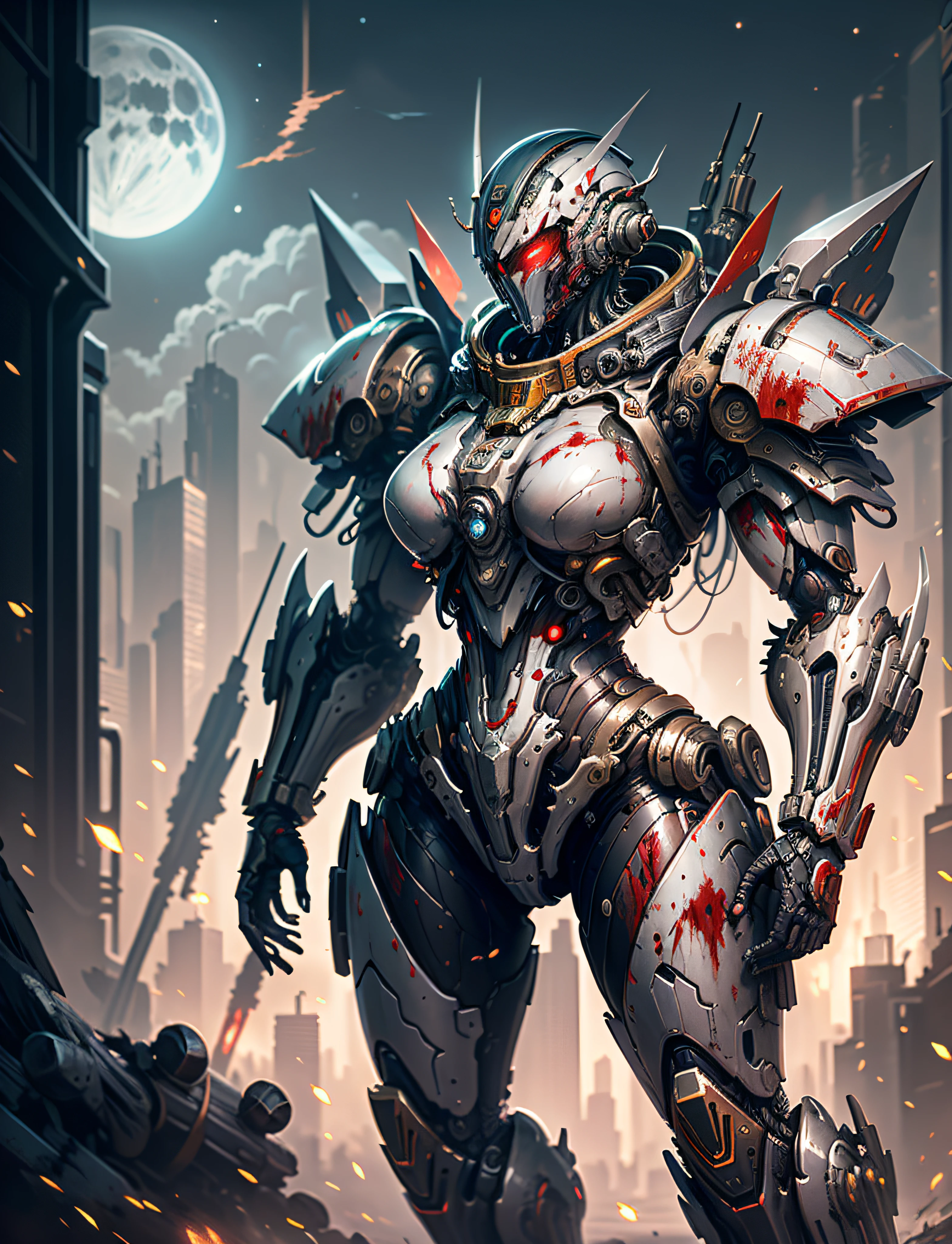 Space marine, harhammer 40,000, world at war, beautiful cyberpunk woman with very detailed mecha treatment, vibrant colors, metallic red, dirty with blood, with sky with clouds and full moon and battleships, whole body with detailed armor, bloody battlefield,