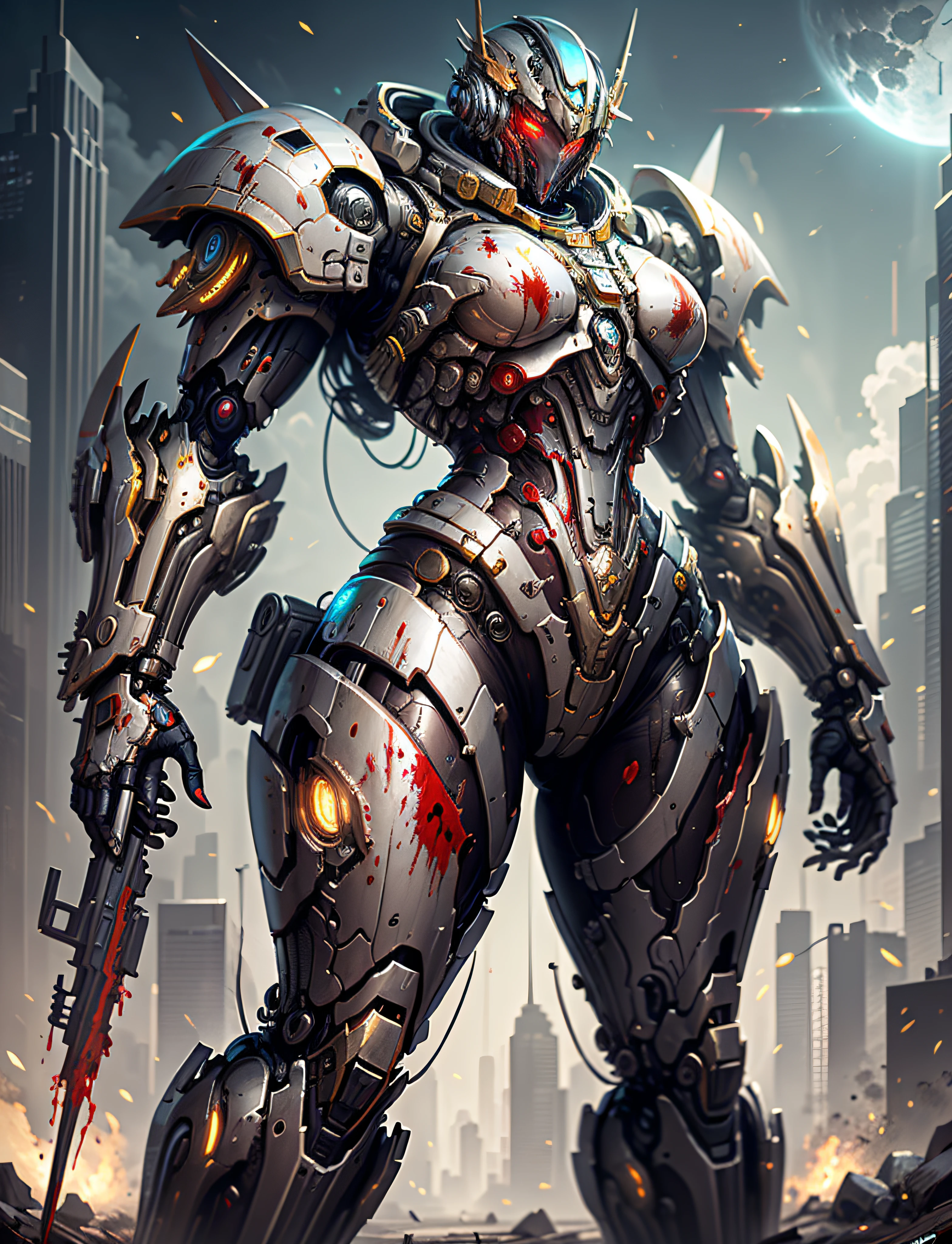 Space marine, harhammer 40,000, world at war, beautiful cyberpunk woman with very detailed mecha treatment, vibrant colors, metallic red, dirty with blood, with sky with clouds and full moon and battleships, whole body with detailed armor, bloody battlefield,