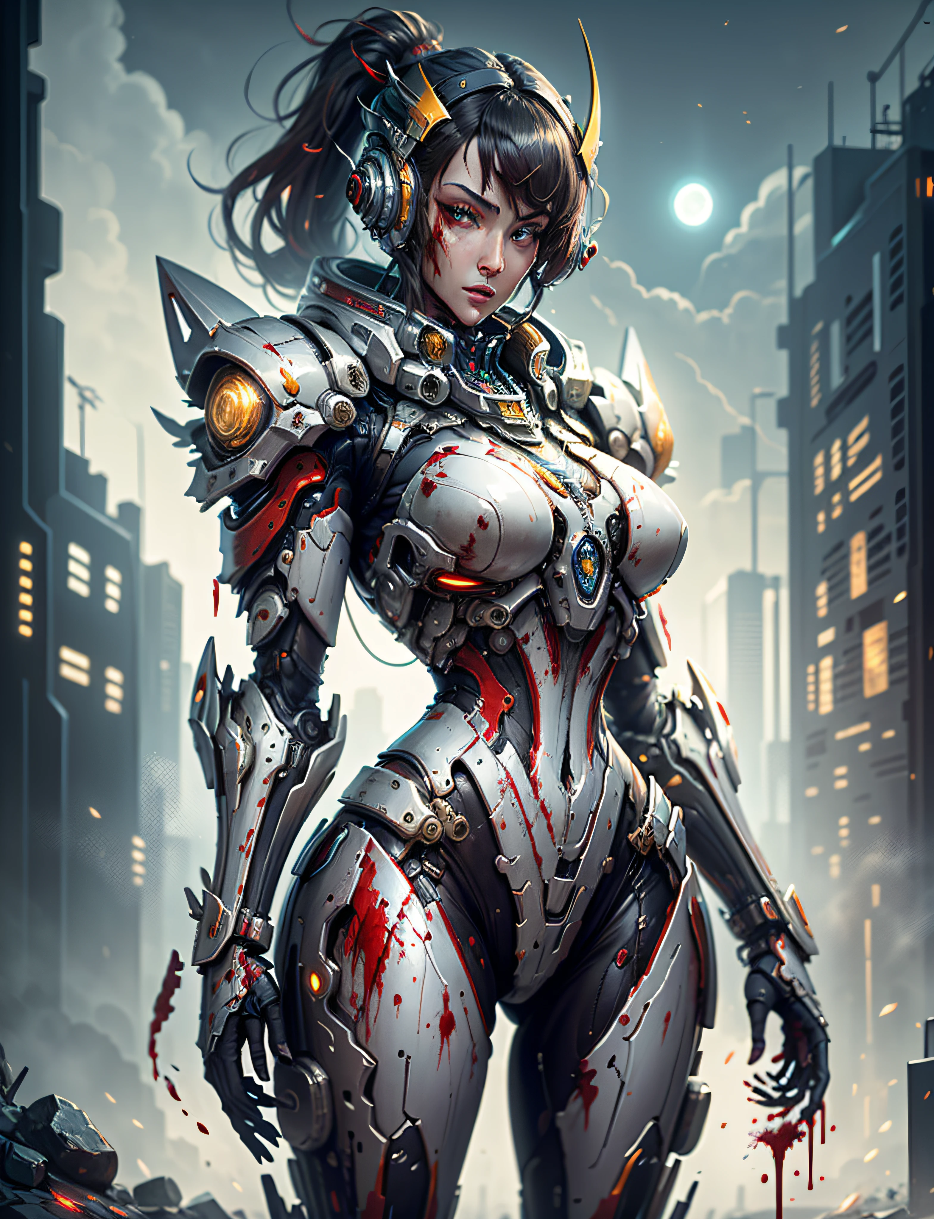 Space marine, harhammer 40,000, world at war, beautiful cyberpunk woman with very detailed mecha treatment, vibrant colors, metallic red, dirty with blood, with sky with clouds and full moon and battleships, whole body with detailed armor, bloody battlefield,