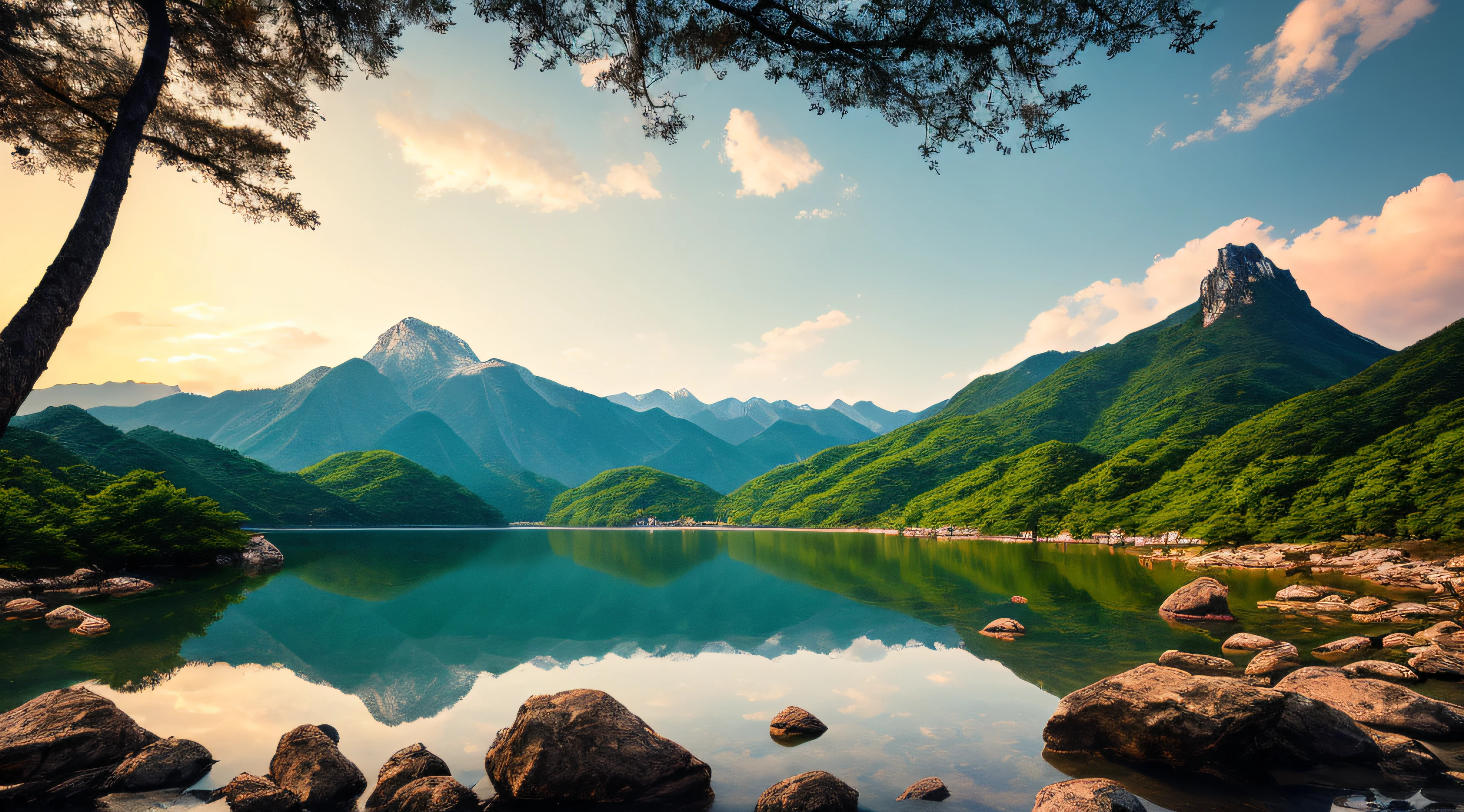 A beautiful Korean mountain and lake, (masterpiece), (portrait), (raw photo), (highly detailed CG unity 8k wallpaper) intricate, sharp focus, dramatic, realistic art