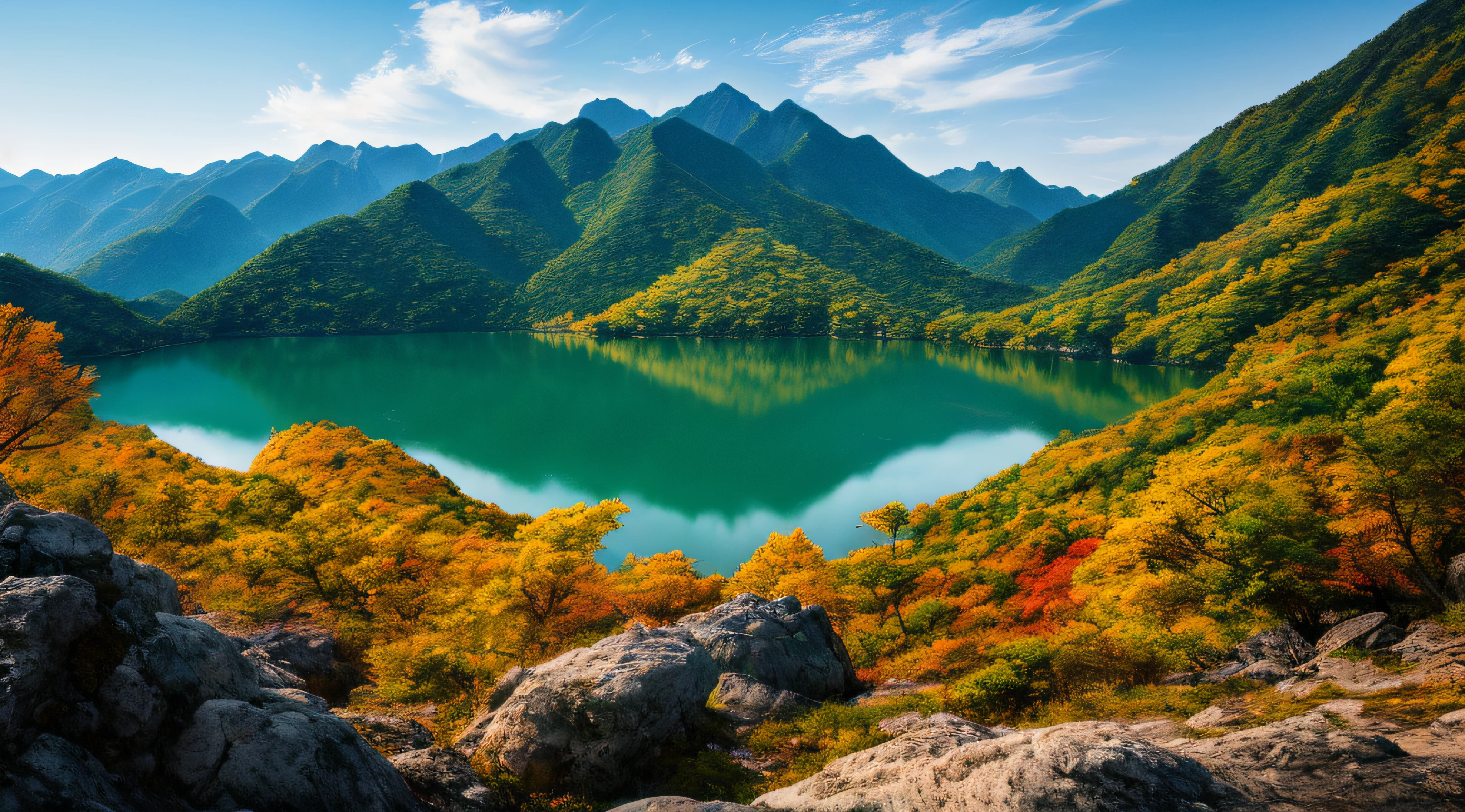 A beautiful Korean mountain and lake, (masterpiece), (portrait), (raw photo), (highly detailed CG unity 8k wallpaper) intricate, sharp focus, dramatic, realistic art
