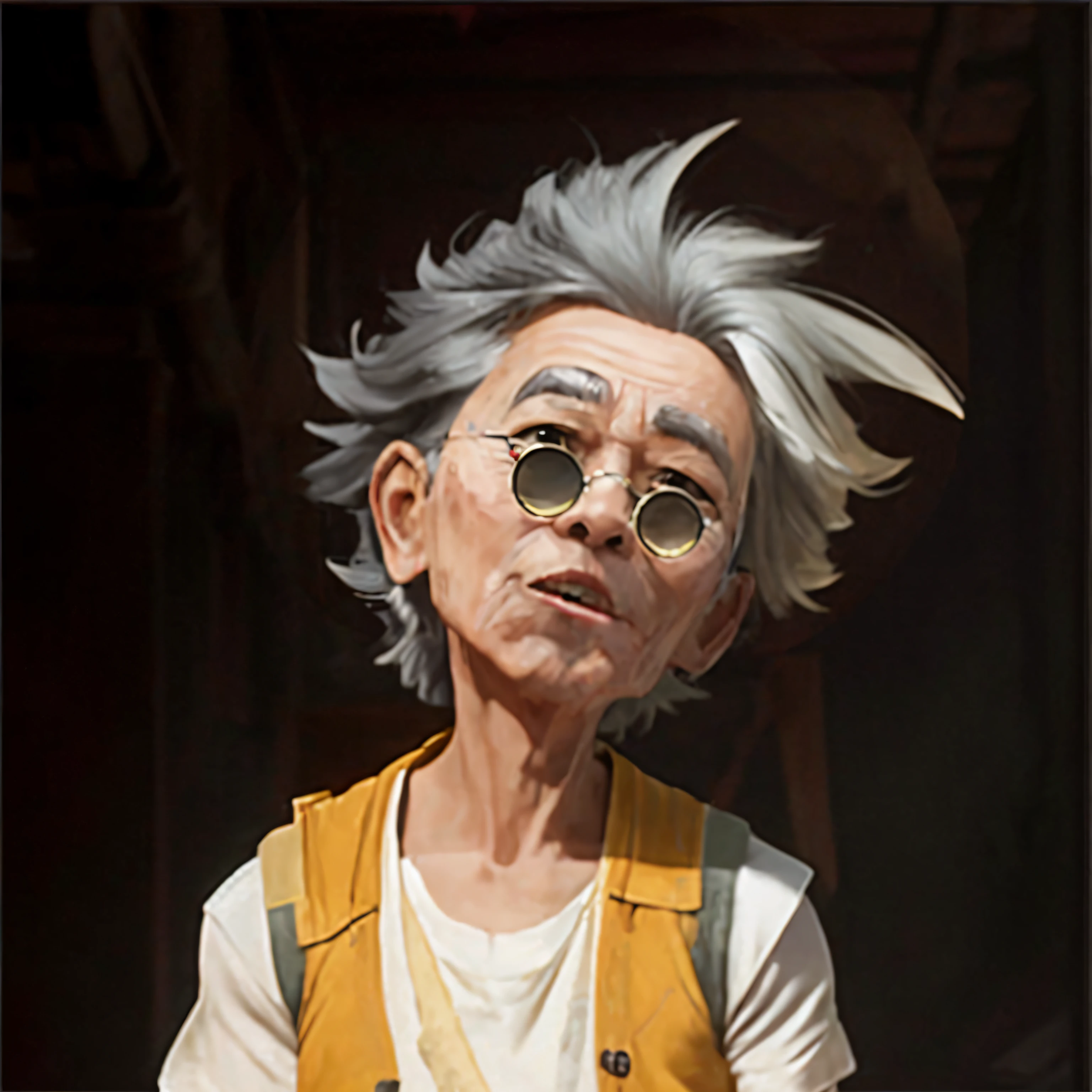A character from the American animation "The Adventures of Jackie Chan", an old man from Hong Kong, China, Jackie Chan's uncle, claiming to be also a daddy, age 65, shabby short-sleeved white shirt with open brown-yellow vest, beggar's outfit, mini small round lens sunglasses, ripped denim shorts, ripped jeans, messy gray hair, exploded hair, flip-flops, solo, realistic photos, wallpaper, aesthetics, award-winning photography, realism, high detail, detail enhancement, blur removal, video game screenshots, wallpaper, aesthetics, Award winning photography, realism, high detail, detail enhancement, blur removal,