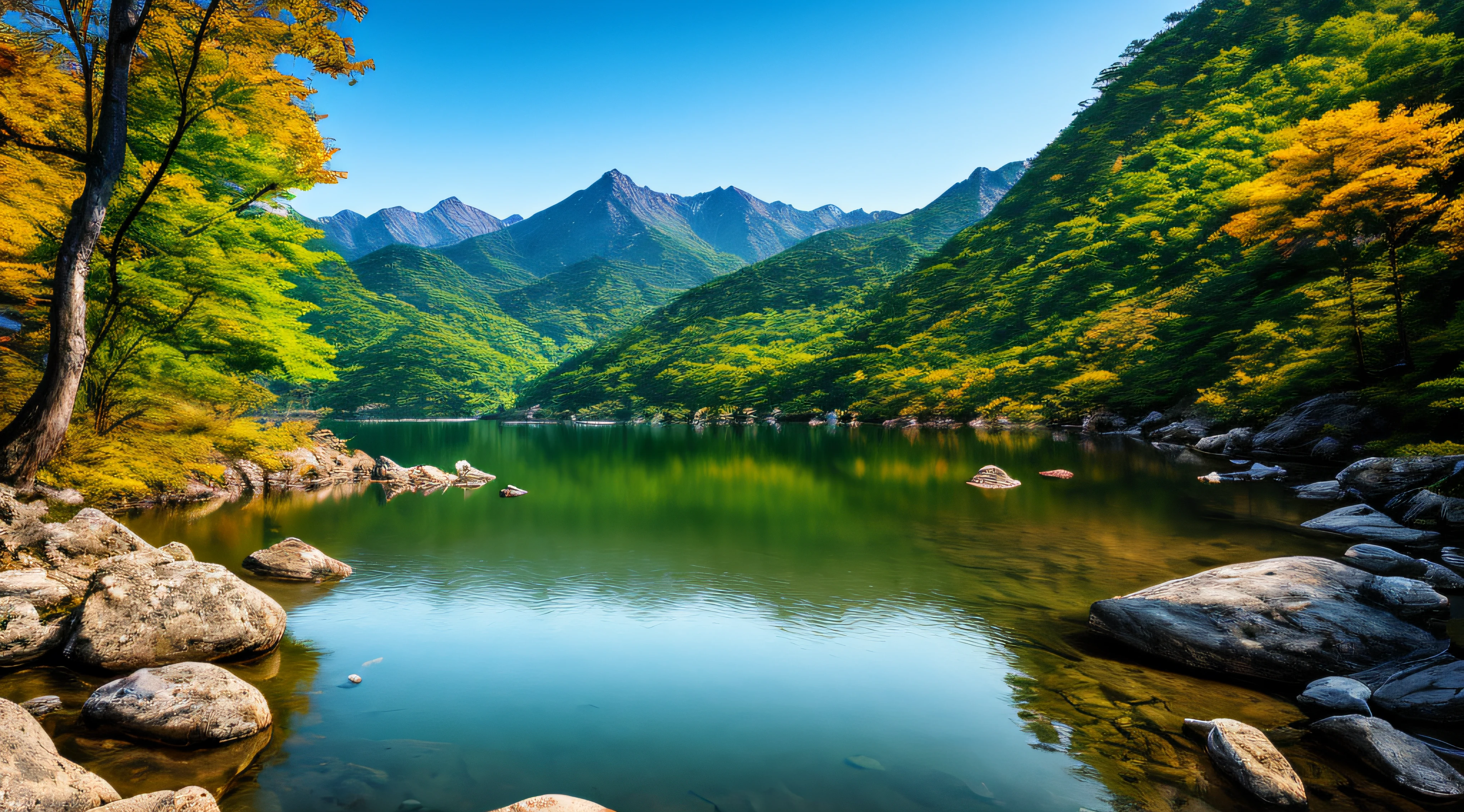 A beautiful Korean mountain and lake, (masterpiece), (portrait), (raw photo), (highly detailed CG unity 8k wallpaper) intricate, sharp focus, dramatic, realistic art