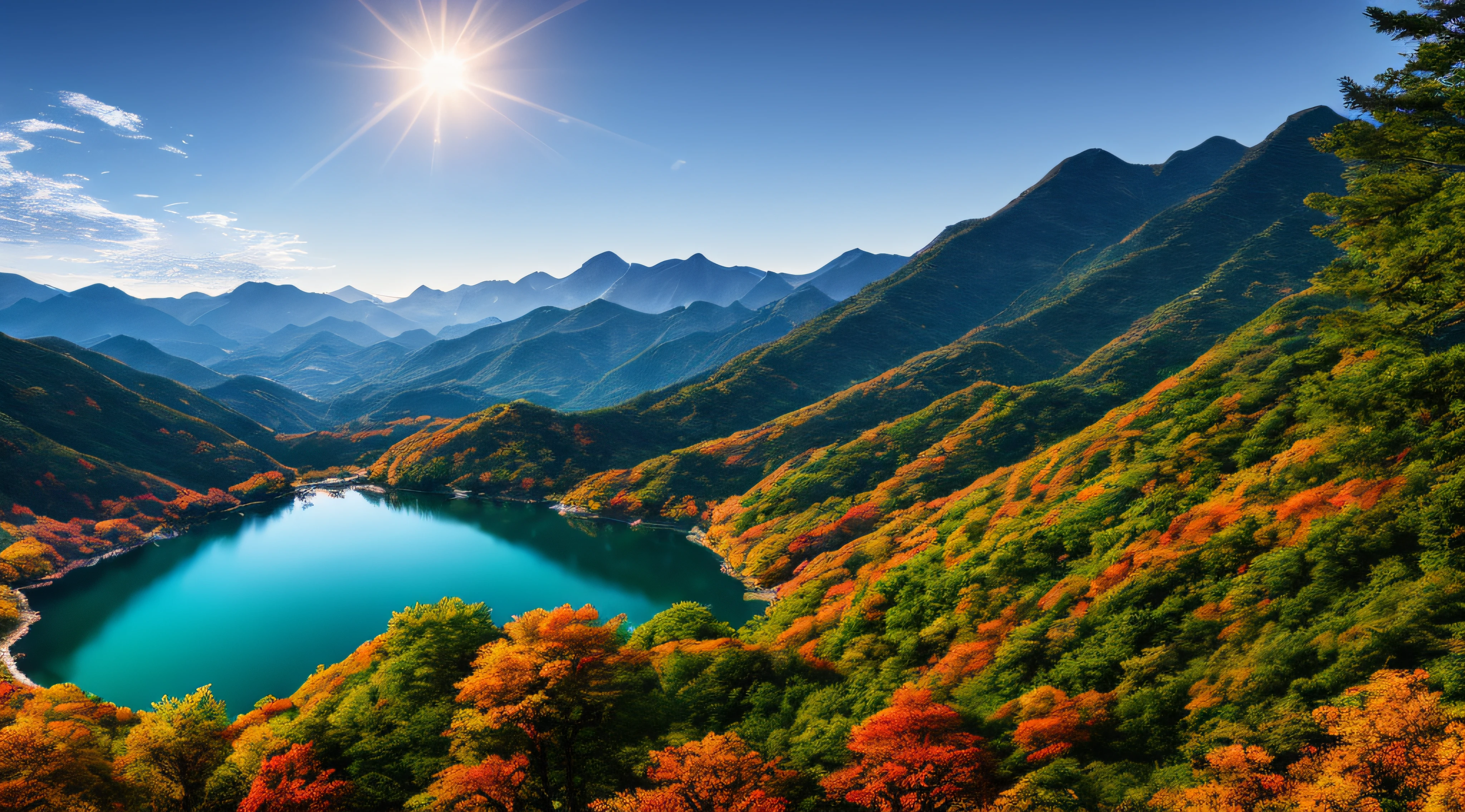 A beautiful Korean mountain and lake, (masterpiece), (portrait), (raw photo), (highly detailed CG unity 8k wallpaper) intricate, sharp focus, dramatic, realistic art
