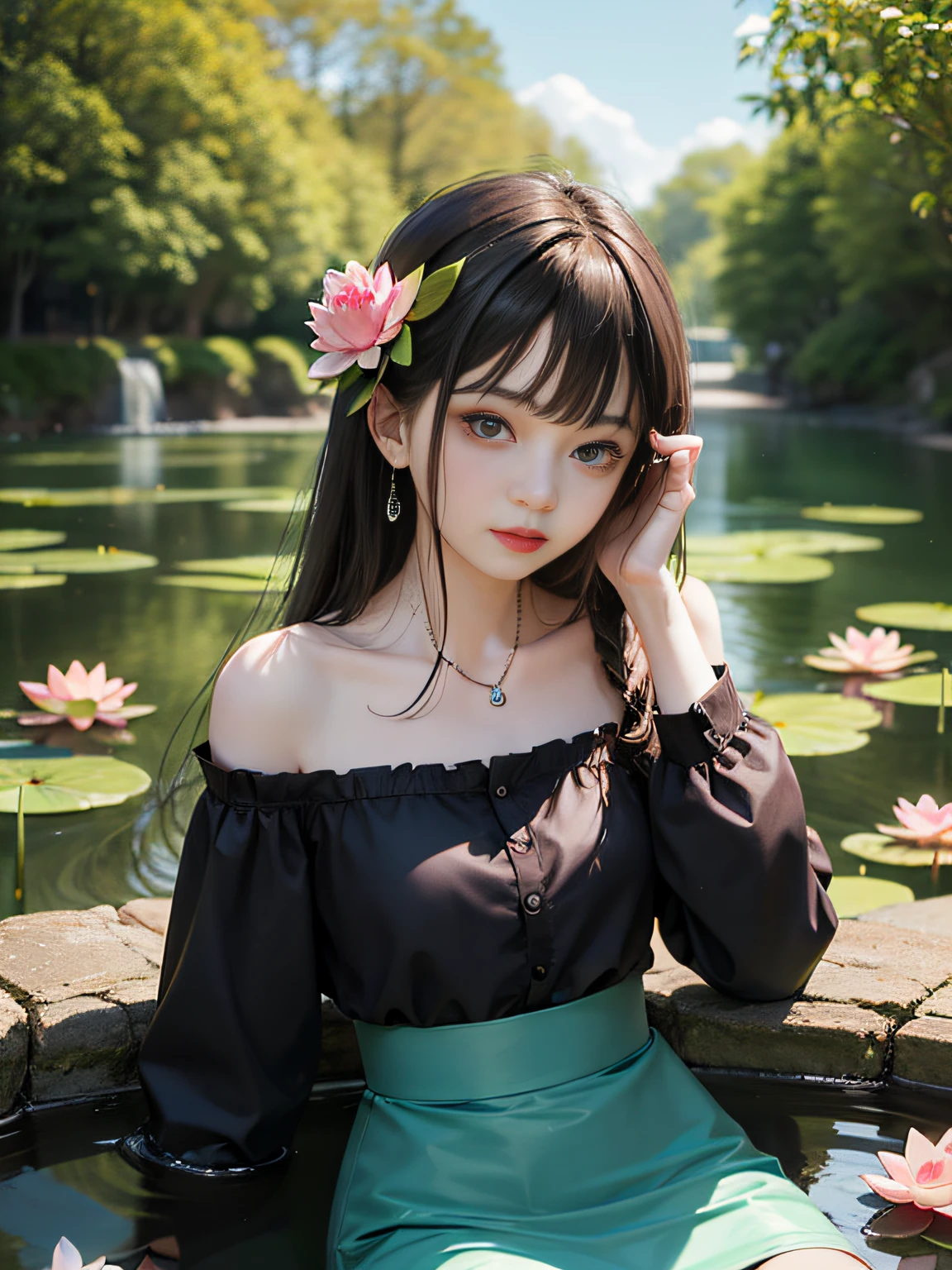 HD, depth of field, sorissos, spring, smaller head, sideways, sitting, black hair, garland, anime, off-the-shoulder, pond, lotus, cyan clothes
