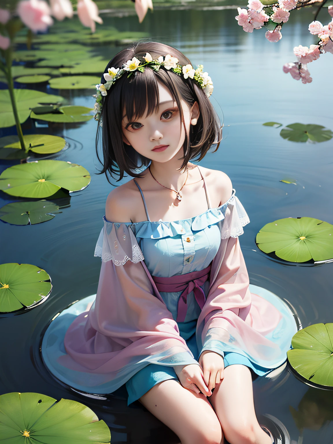 HD, depth of field, sorissos, spring, smaller head, sideways, sitting, black hair, garland, anime, off-the-shoulder, pond, lotus, cyan clothes