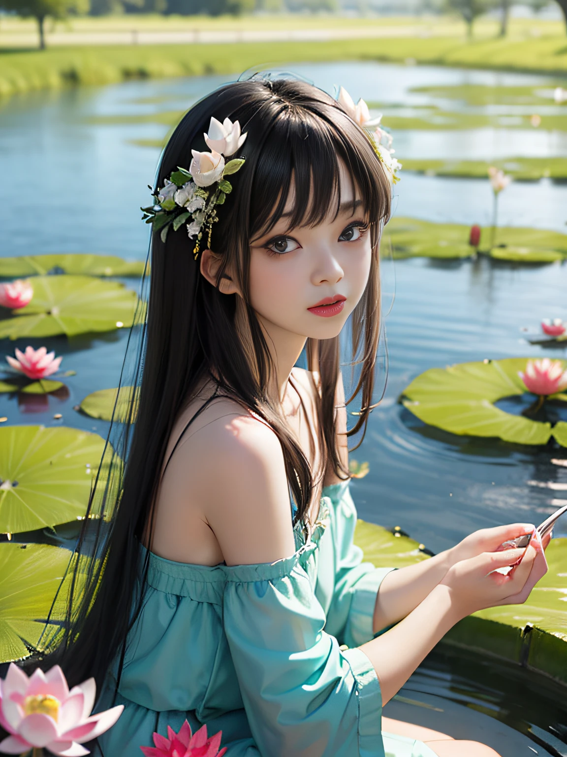 HD, depth of field, sorissos, spring, smaller head, sideways, sitting, black hair, garland, anime, off-the-shoulder, pond, lotus, cyan clothes
