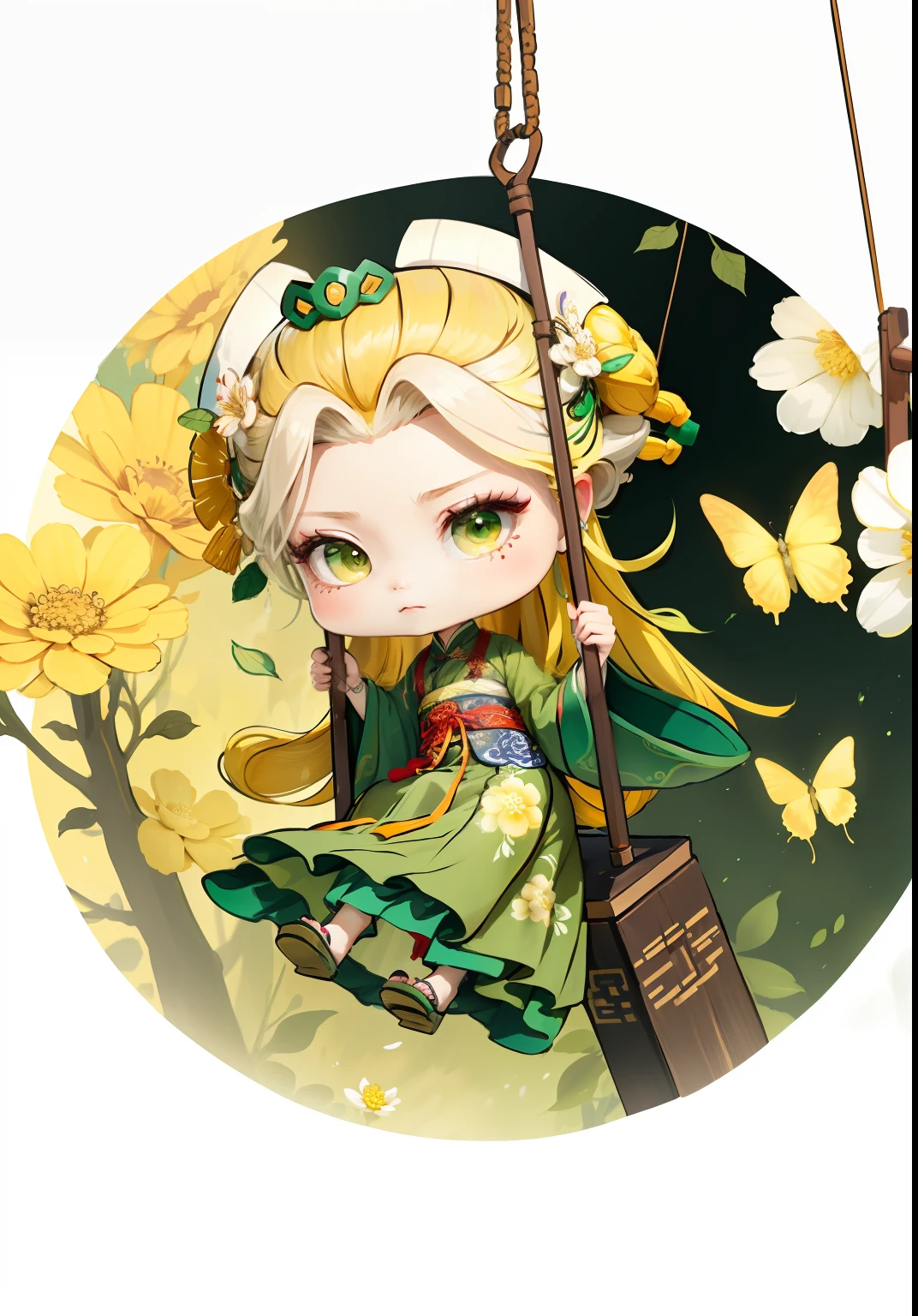 Chinese girl in Hanfu, swing, butterfly, spring, coping with heat, yellow hair, ancient Chinese bun, pattern, yellow-green color scheme, floral hair ornaments on both sides of the hair, rich flower headdress, some metal flower headdress, light color, clear color block, bright color, art, infinite details, beautifully painted, beautifully depicted, blank background 8k