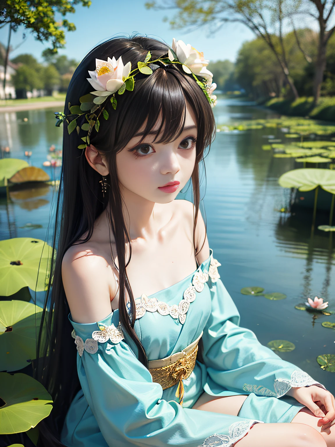 HD, depth of field, sorissos, spring, smaller head, sideways, sitting, black hair, garland, anime, off-the-shoulder, pond, lotus, cyan clothes