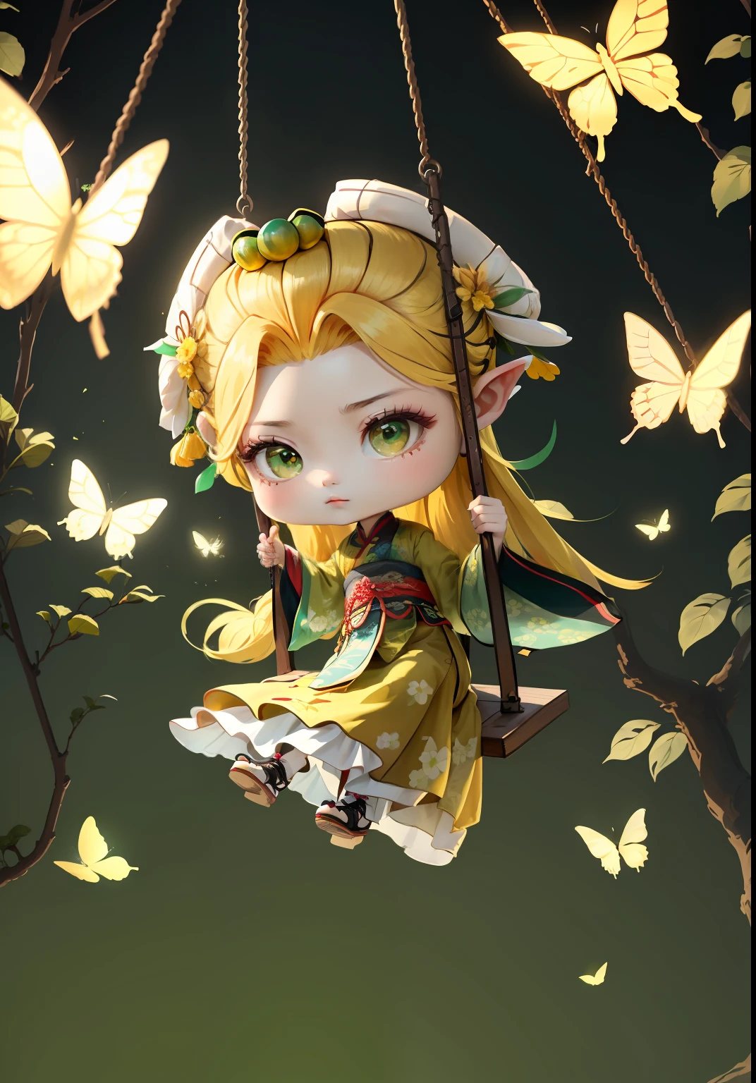 Chinese girl in Hanfu, swing, butterfly, spring, coping with heat, yellow hair, ancient Chinese bun, pattern, yellow-green color scheme, floral hair ornaments on both sides of the hair, rich flower headdress, some metal flower headdress, light color, clear color block, bright color, art, infinite details, beautifully painted, beautifully depicted, blank background 8k