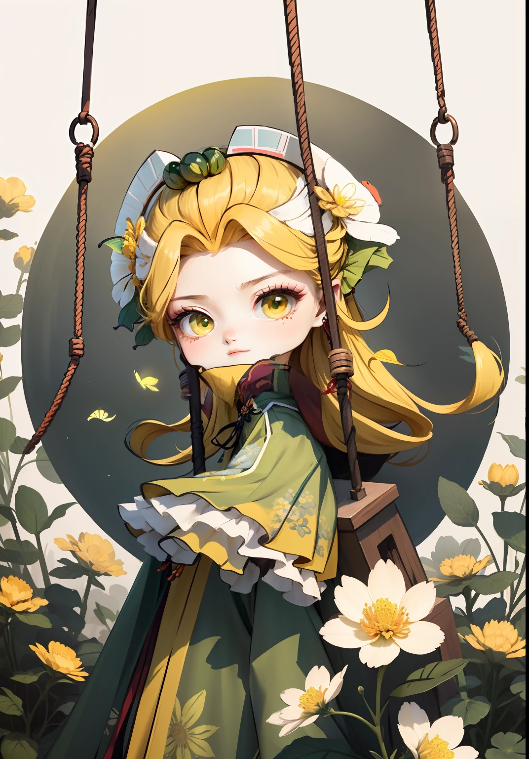 Chinese girl in Hanfu, swing, butterfly, spring, coping with heat, yellow hair, ancient Chinese bun, pattern, yellow-green color scheme, floral hair ornaments on both sides of the hair, rich flower headdress, some metal flower headdress, light color, clear color block, bright color, art, infinite details, beautifully painted, beautifully depicted, blank background 8k