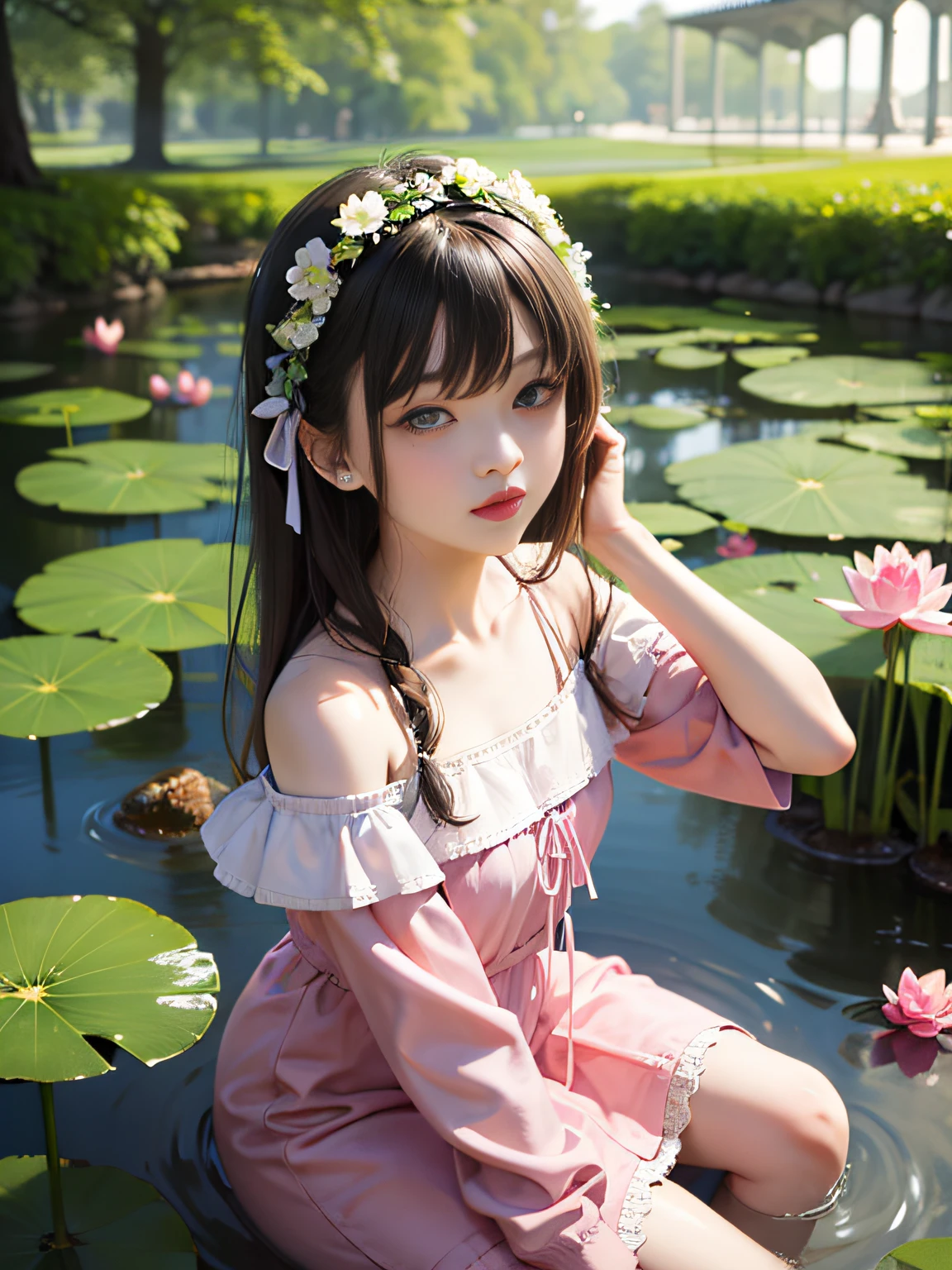 HD, depth of field, sorissos, spring, smaller head, sideways, sitting, black hair, garland, anime, off-the-shoulder, pond, lotus, pink clothes